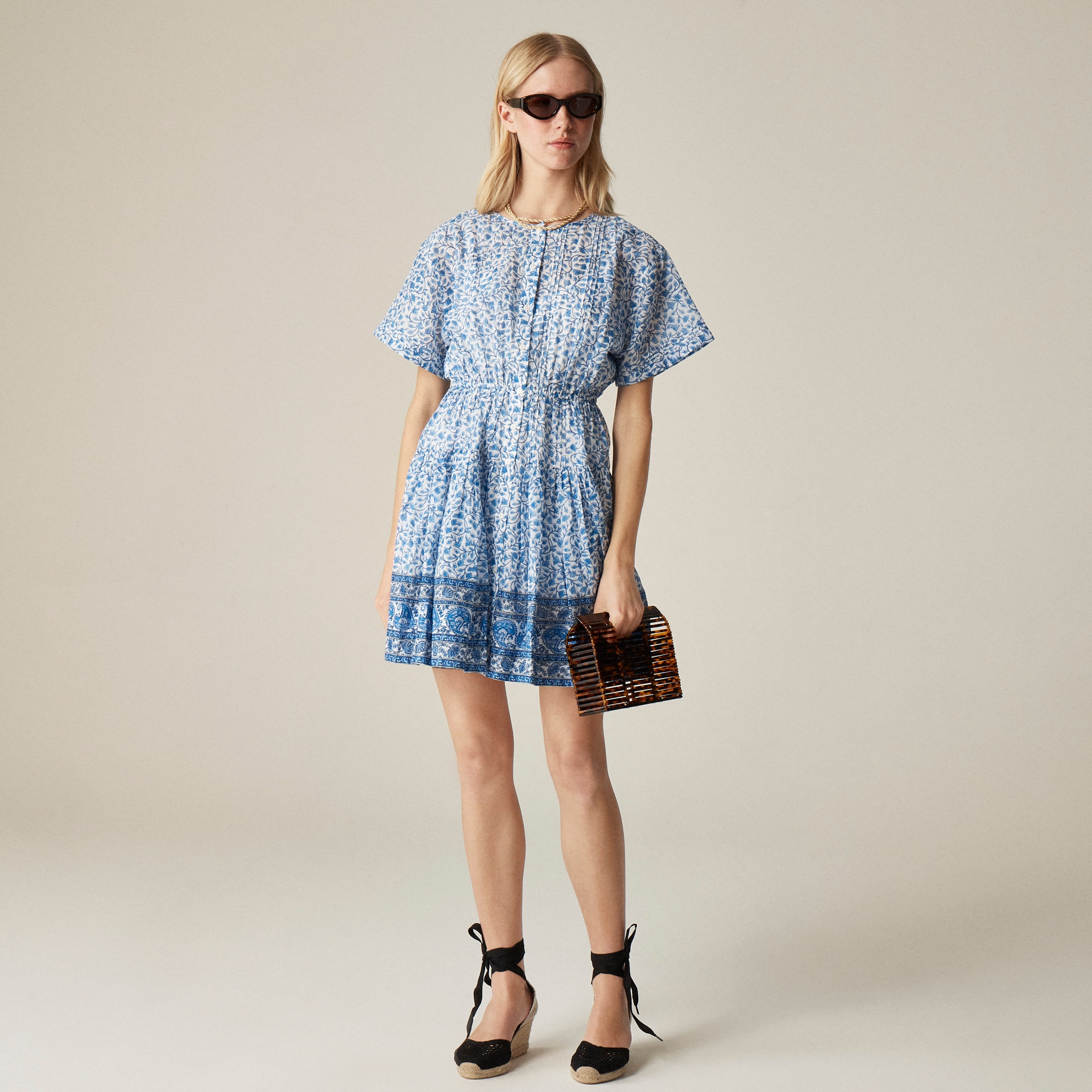 Pintuck mini shirtdress in bandana block print