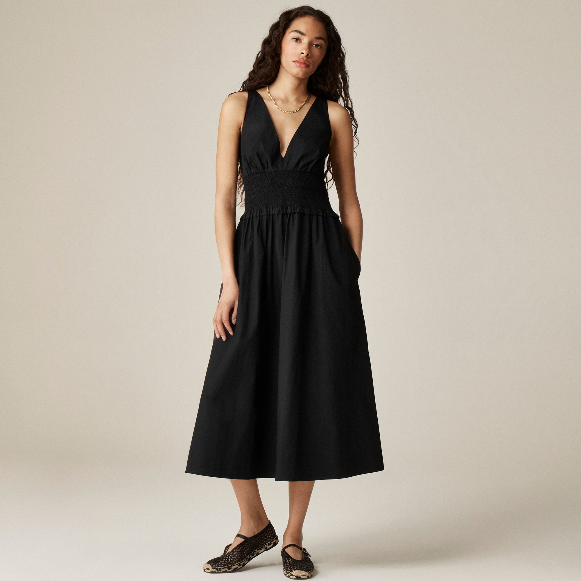  Plunge smocked-waist dress in cotton poplin