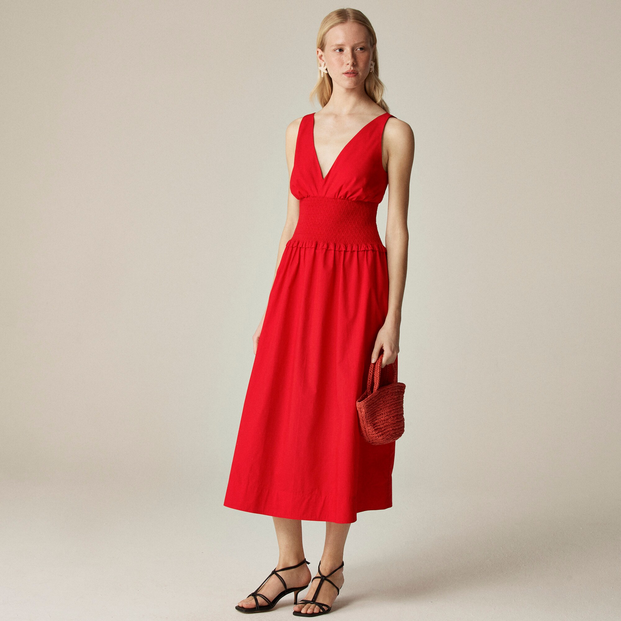 Plunge smocked-waist dress in cotton poplin