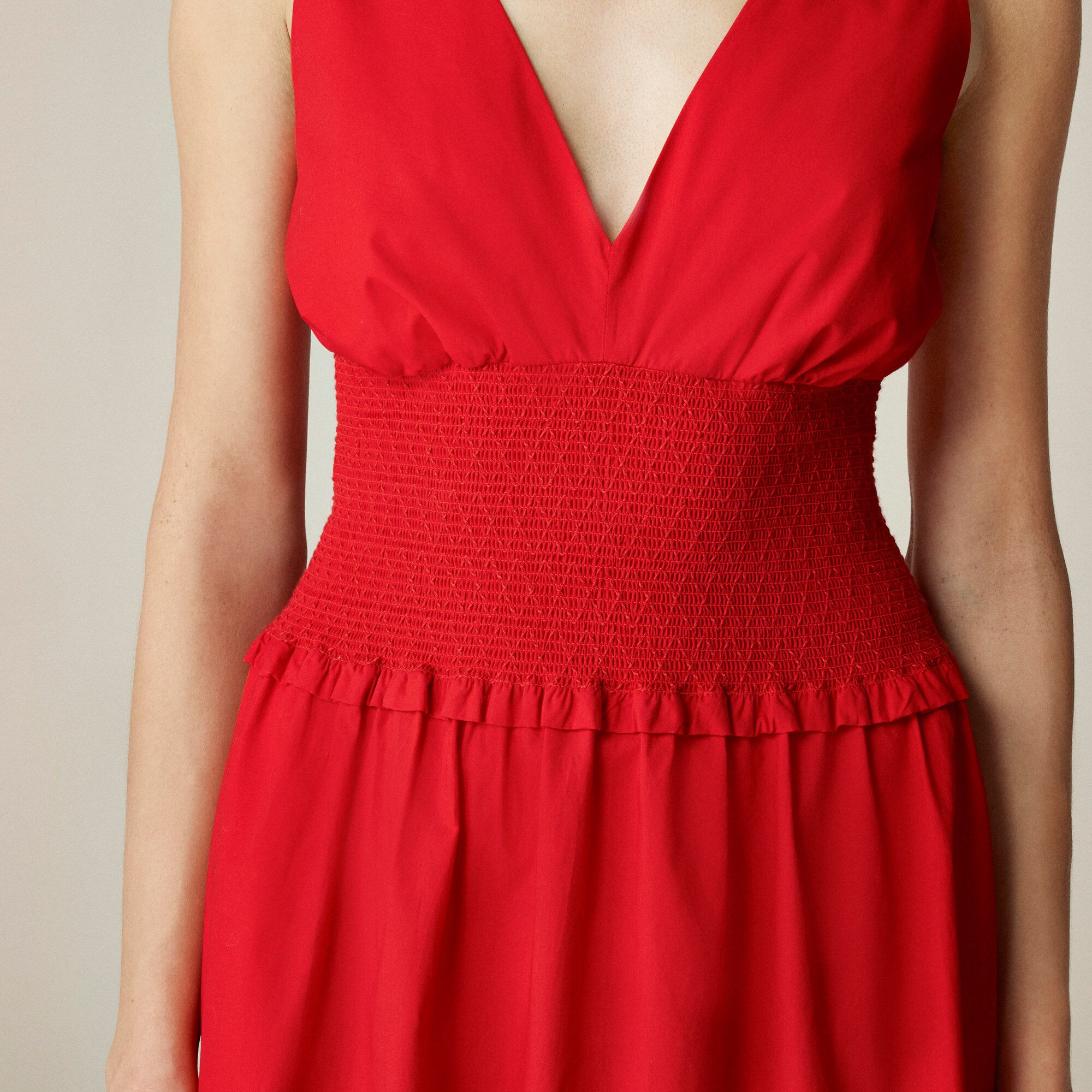 Plunge smocked-waist dress in cotton poplin