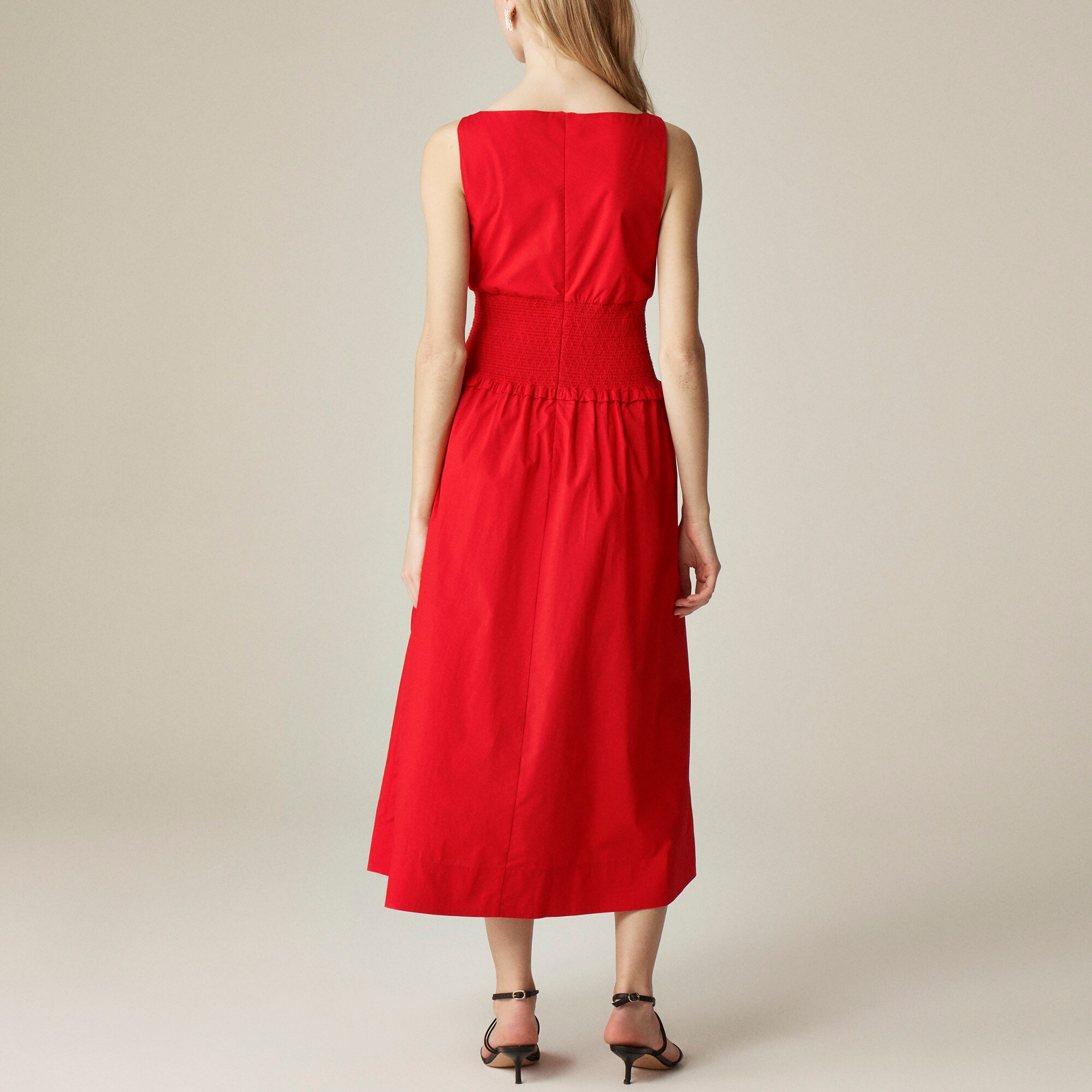 Plunge smocked-waist dress in cotton poplin