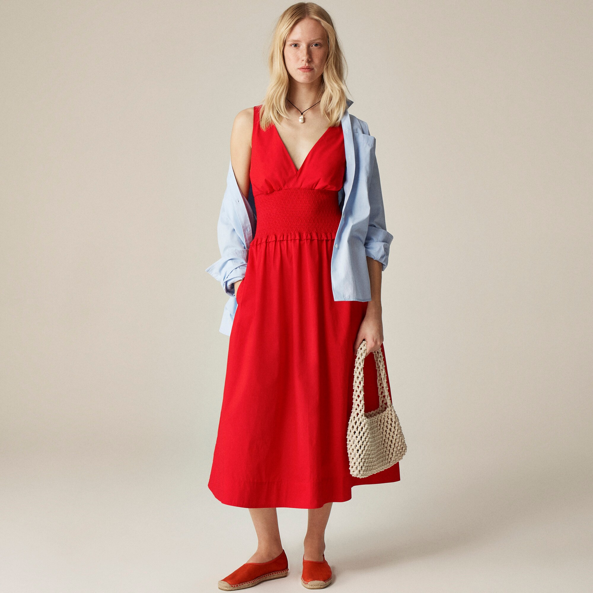  Plunge smocked-waist dress in cotton poplin