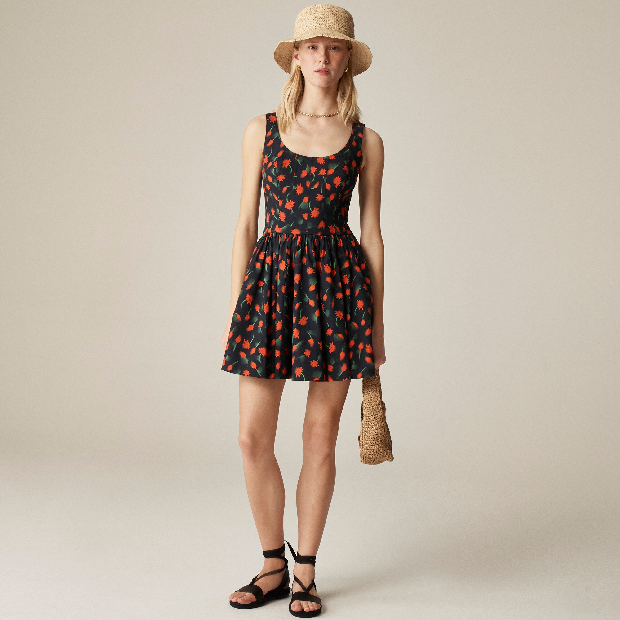 Fit-and-flare Mini Dress In Painted Daisy Print For Women