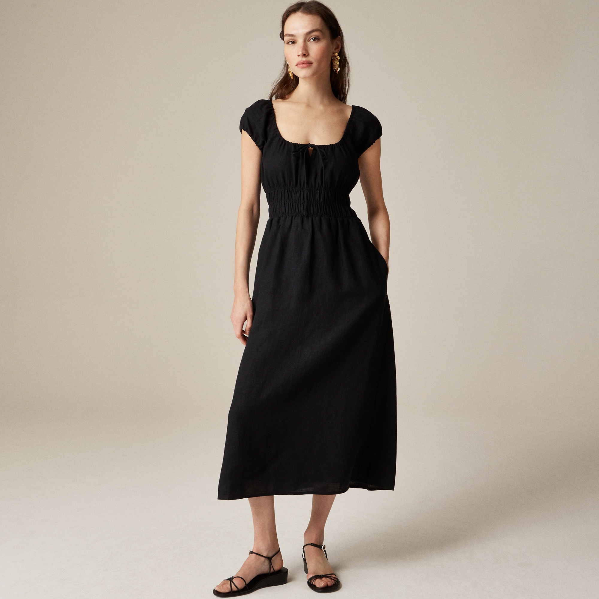 womens Cap-sleeve midi dress in linen