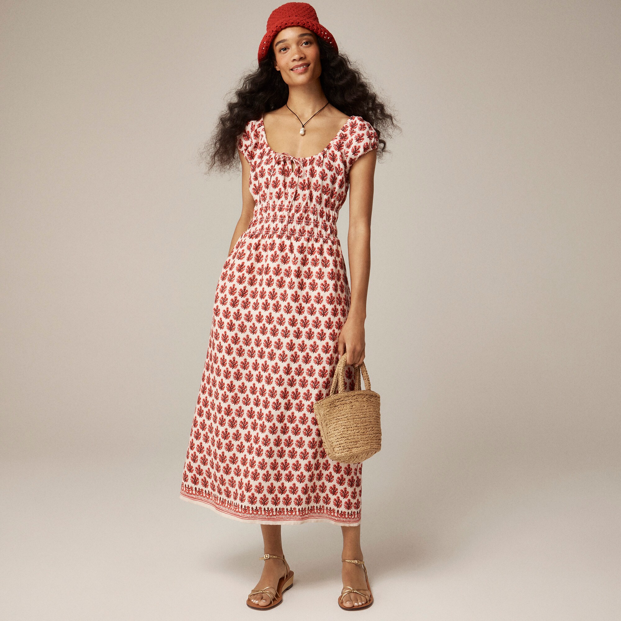  Cap-sleeve midi dress in block print linen