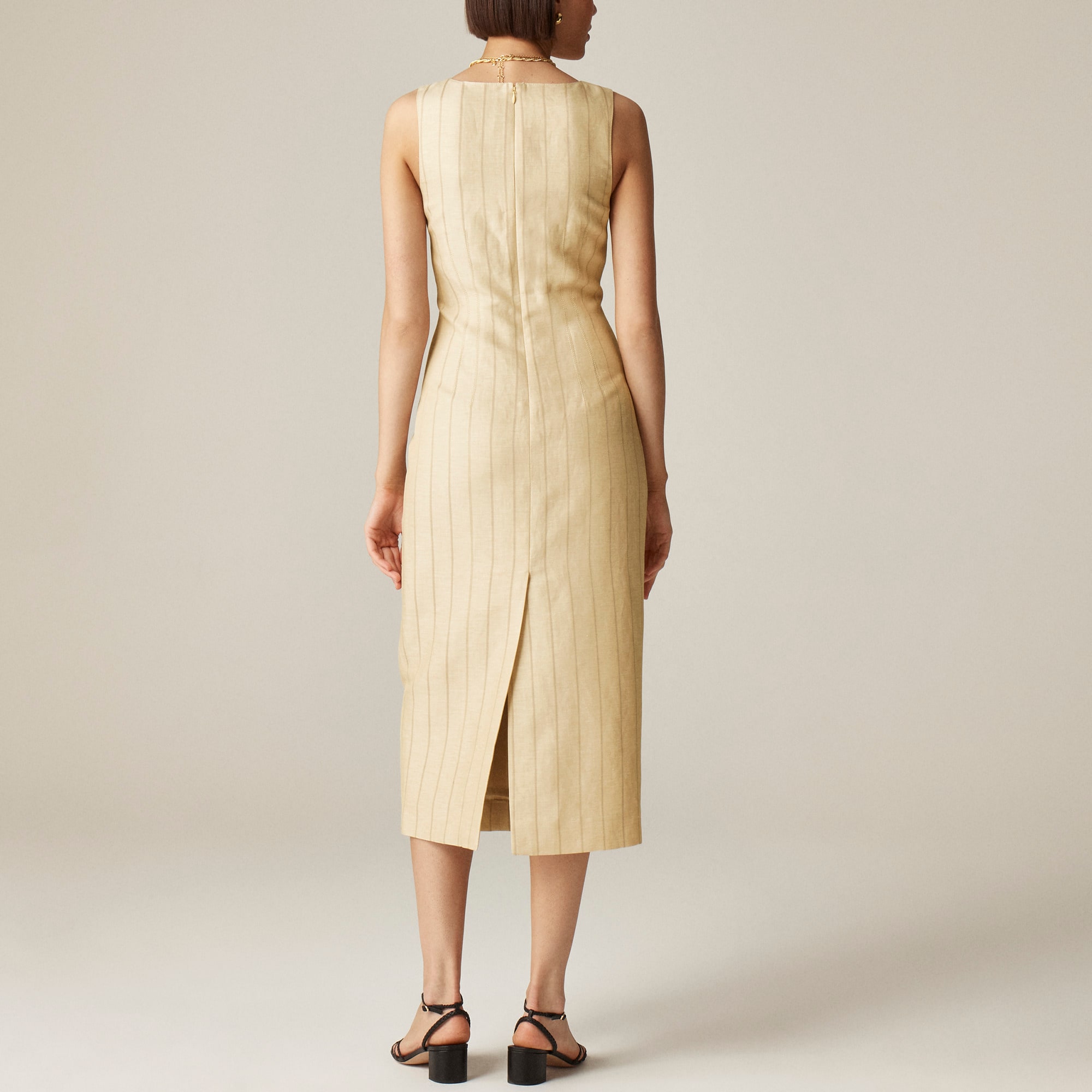 womens V-neck sheath dress in striped linen blend