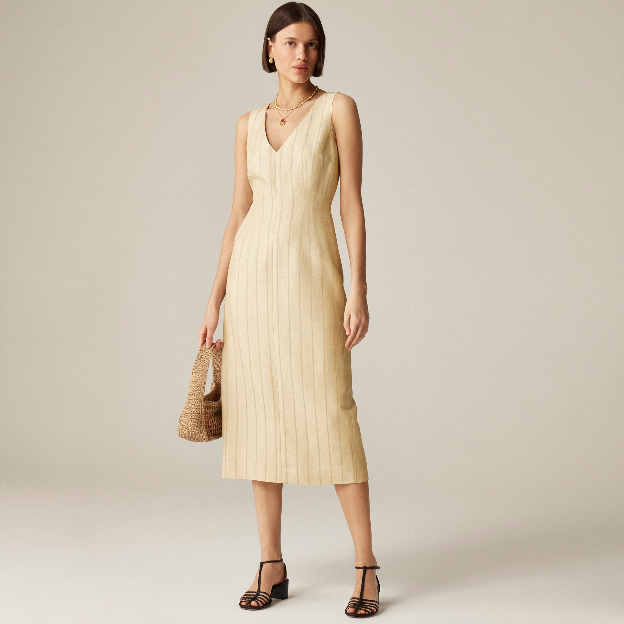 womens V-neck sheath dress in striped linen blend