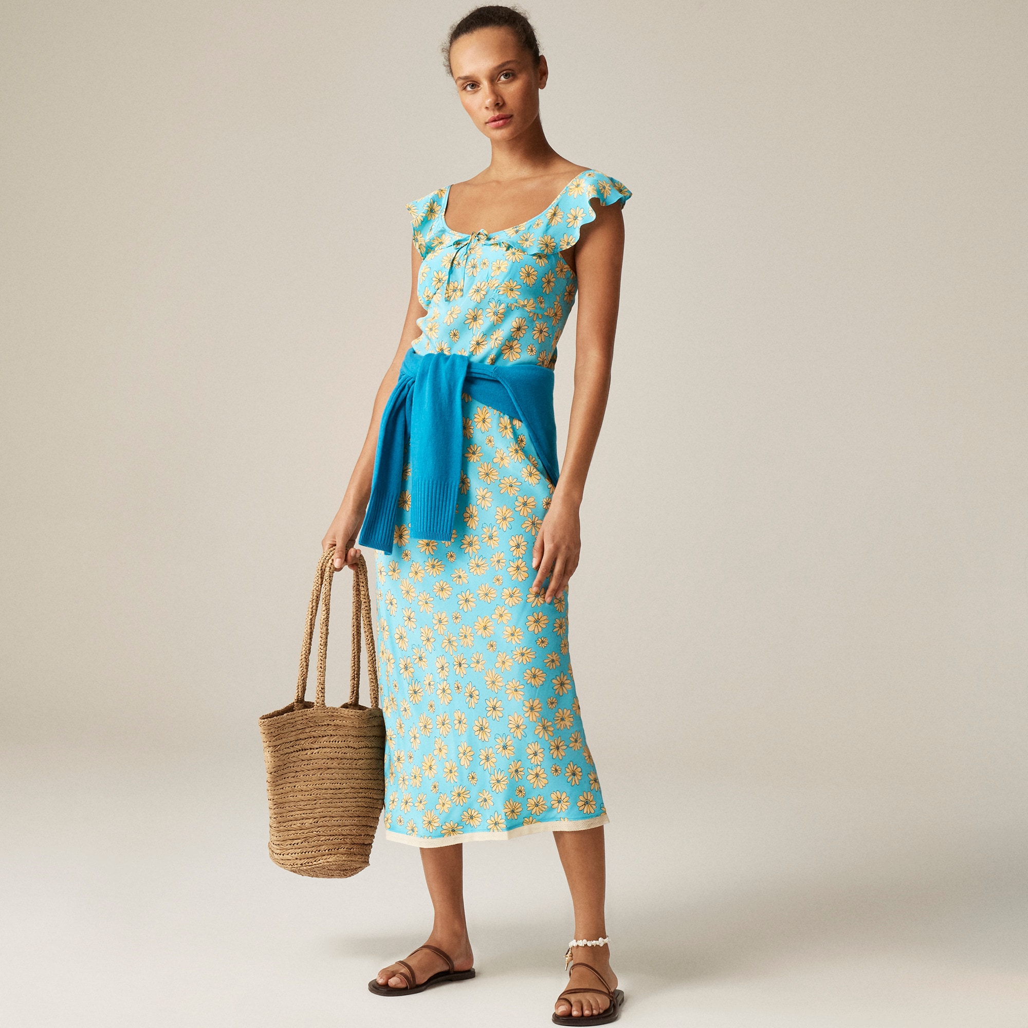 womens Ruffle cap-sleeve slip dress in retro daisy print