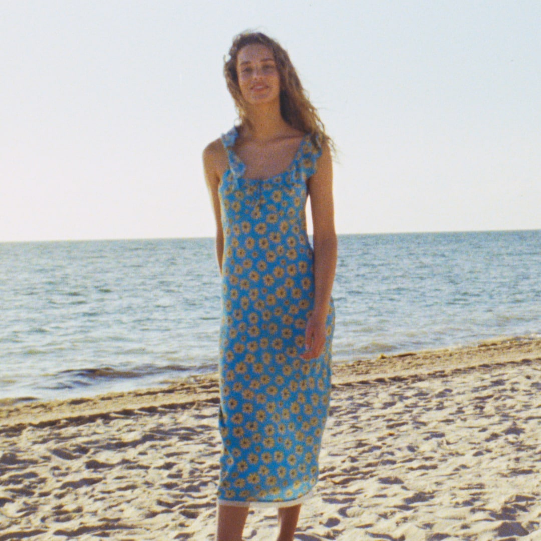 womens Ruffle cap-sleeve slip dress in retro daisy print