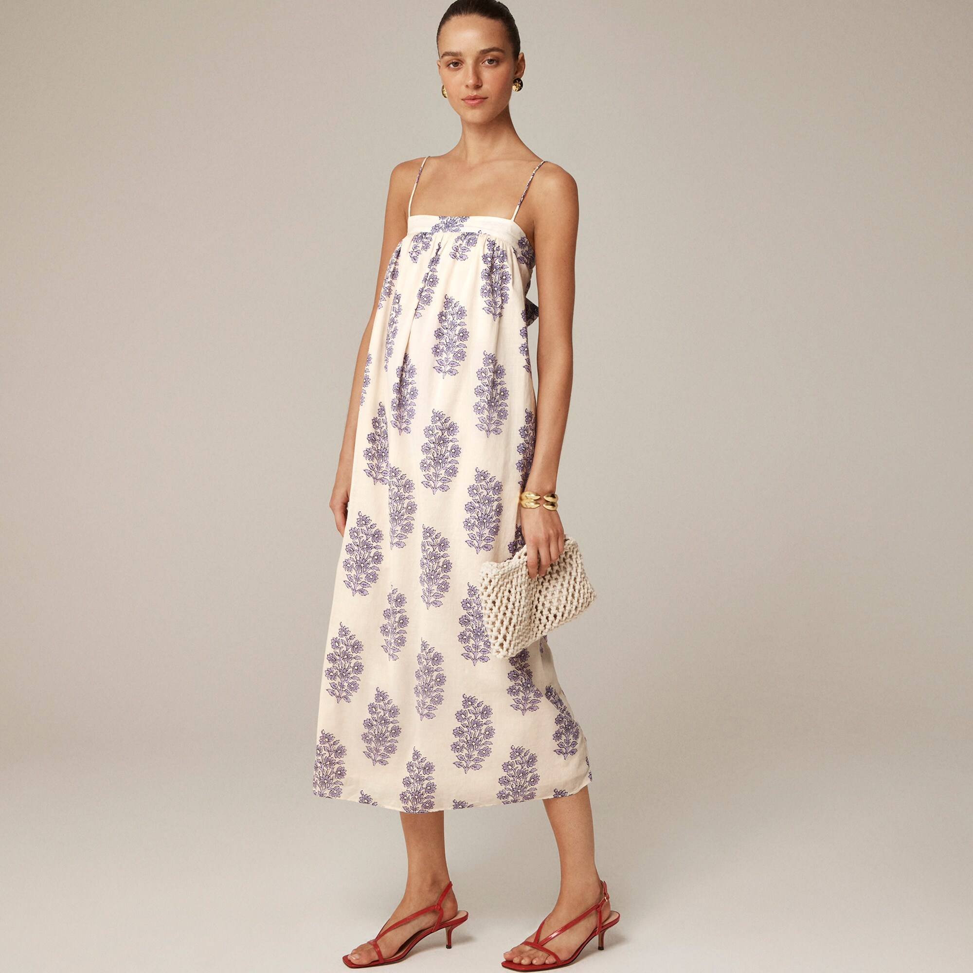 Floaty midi dress in block-print cotton voile