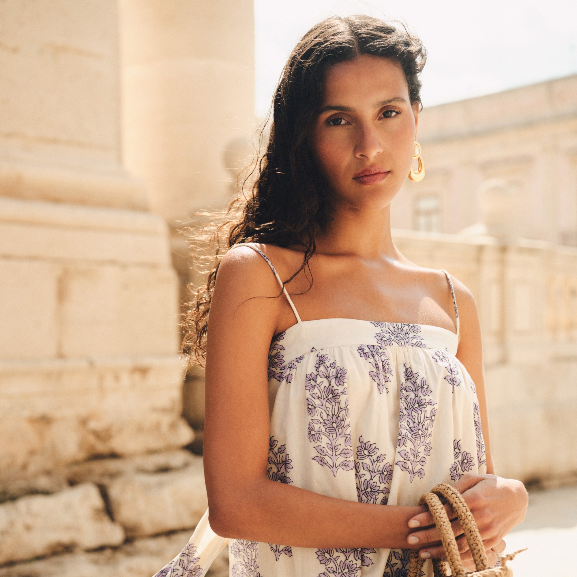 Floaty midi dress in block-print cotton voile