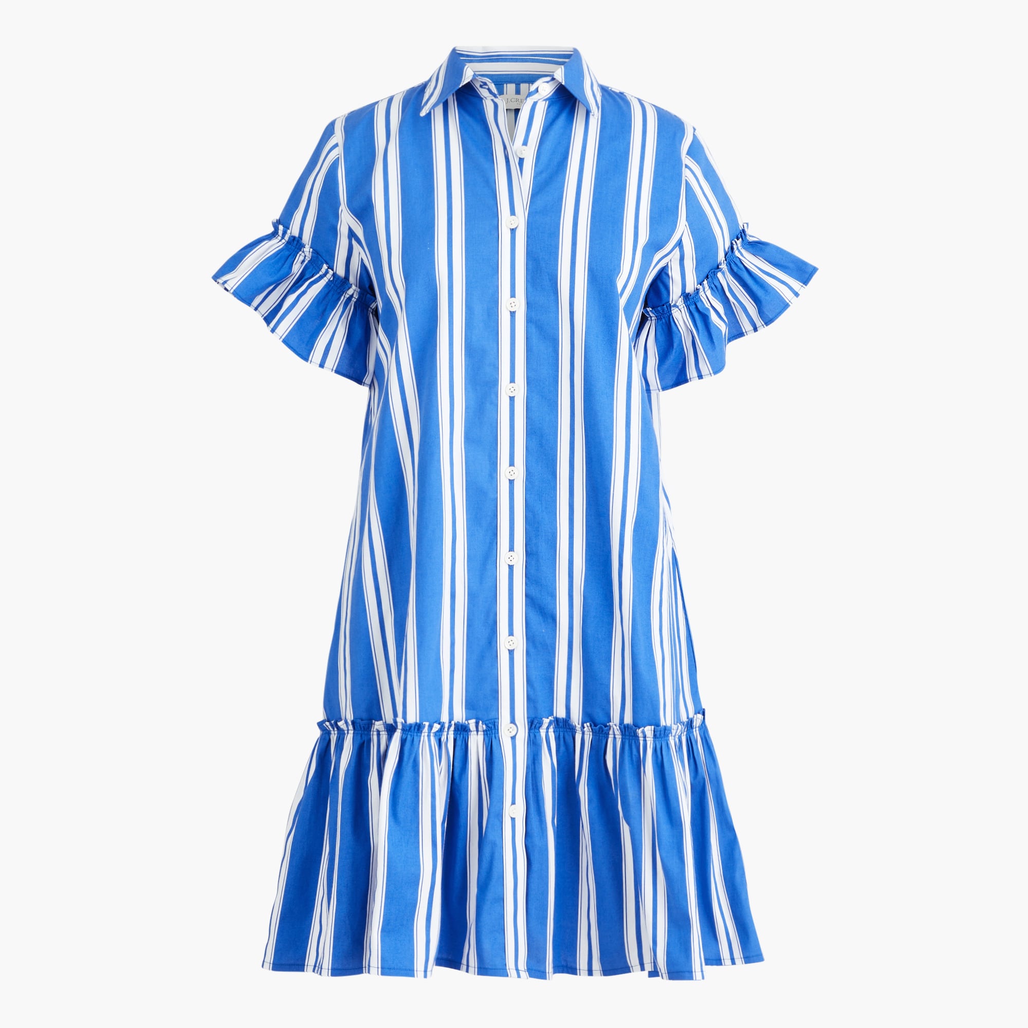 Striped ruffle-sleeve mini shirtdress