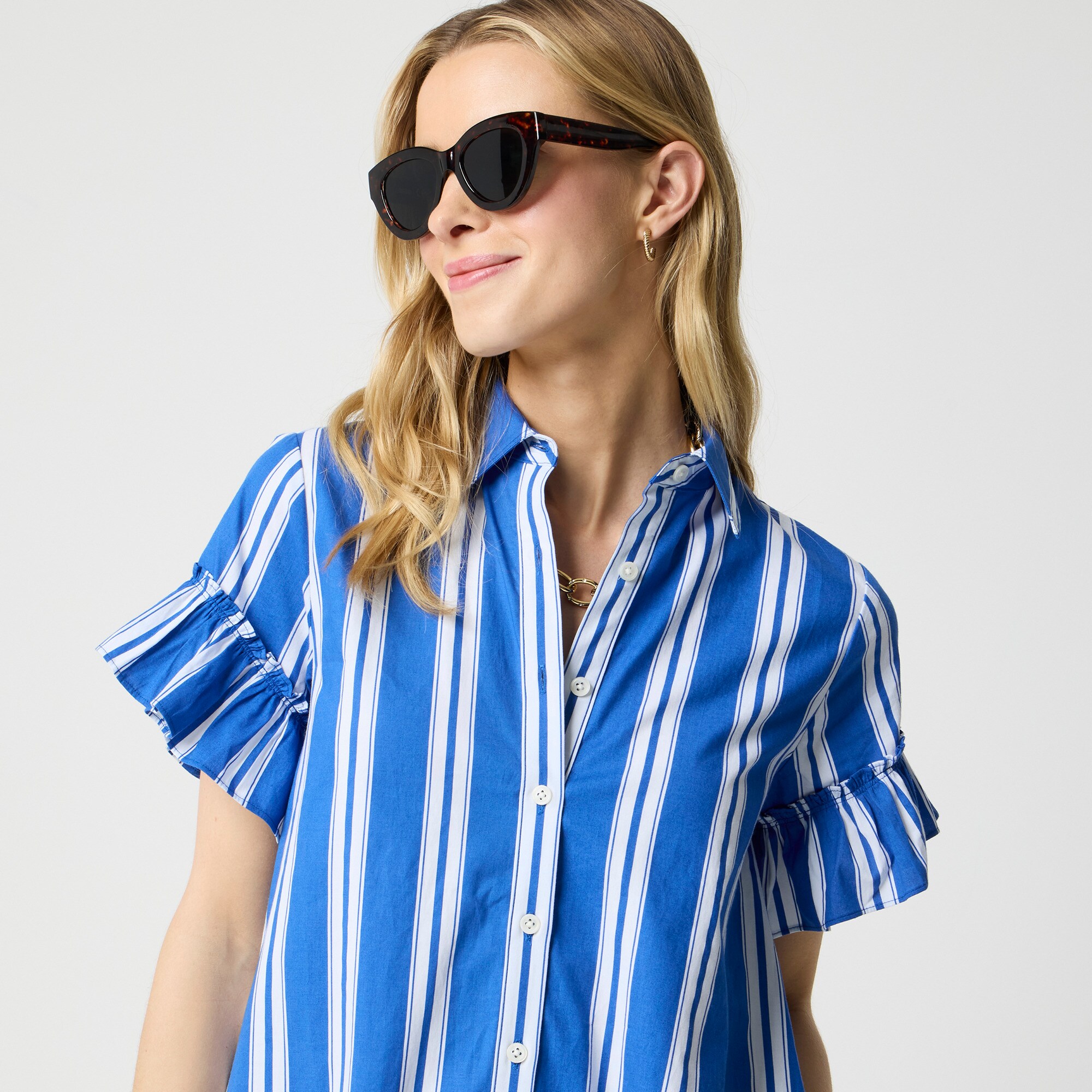 Striped ruffle-sleeve mini shirtdress