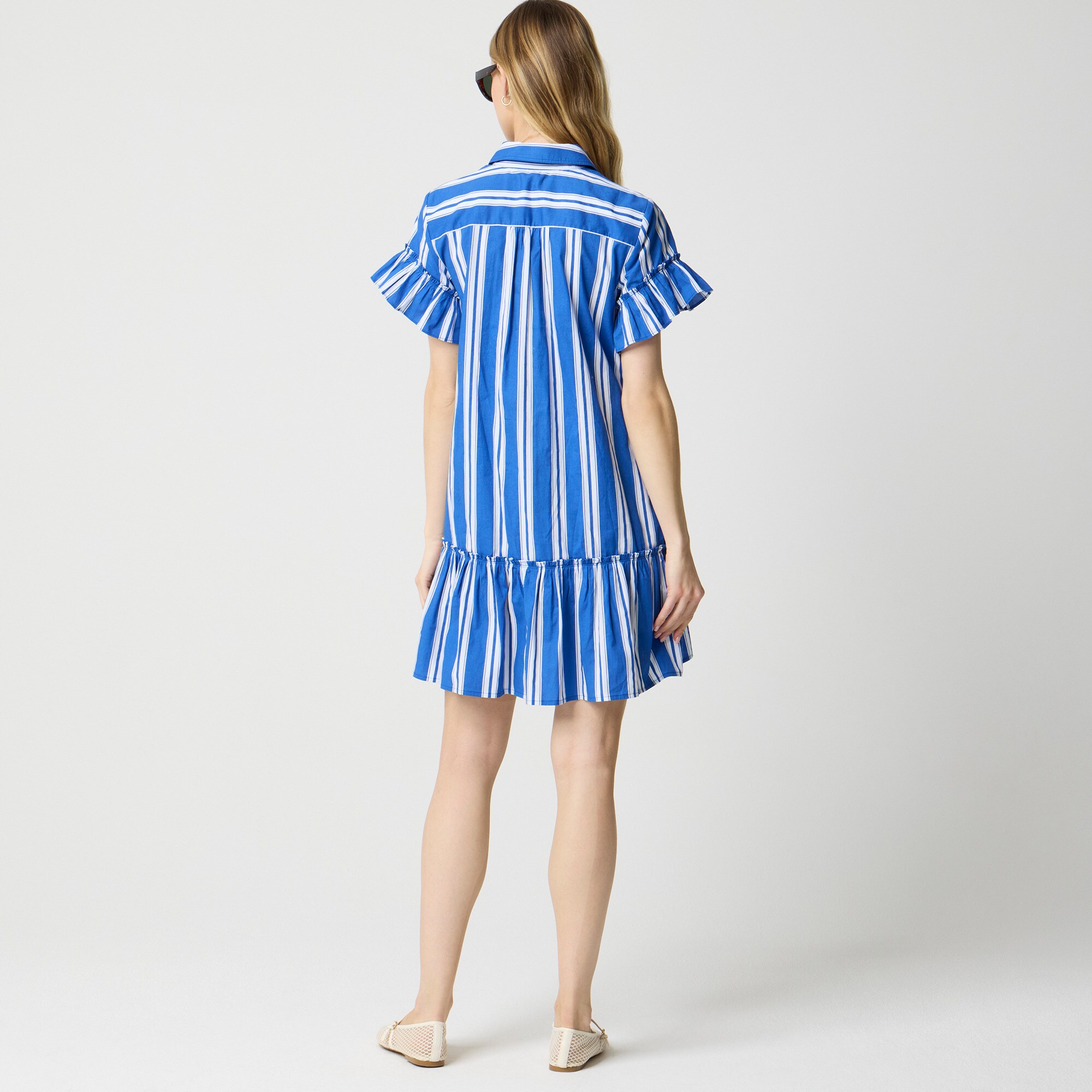 Striped ruffle-sleeve mini shirtdress