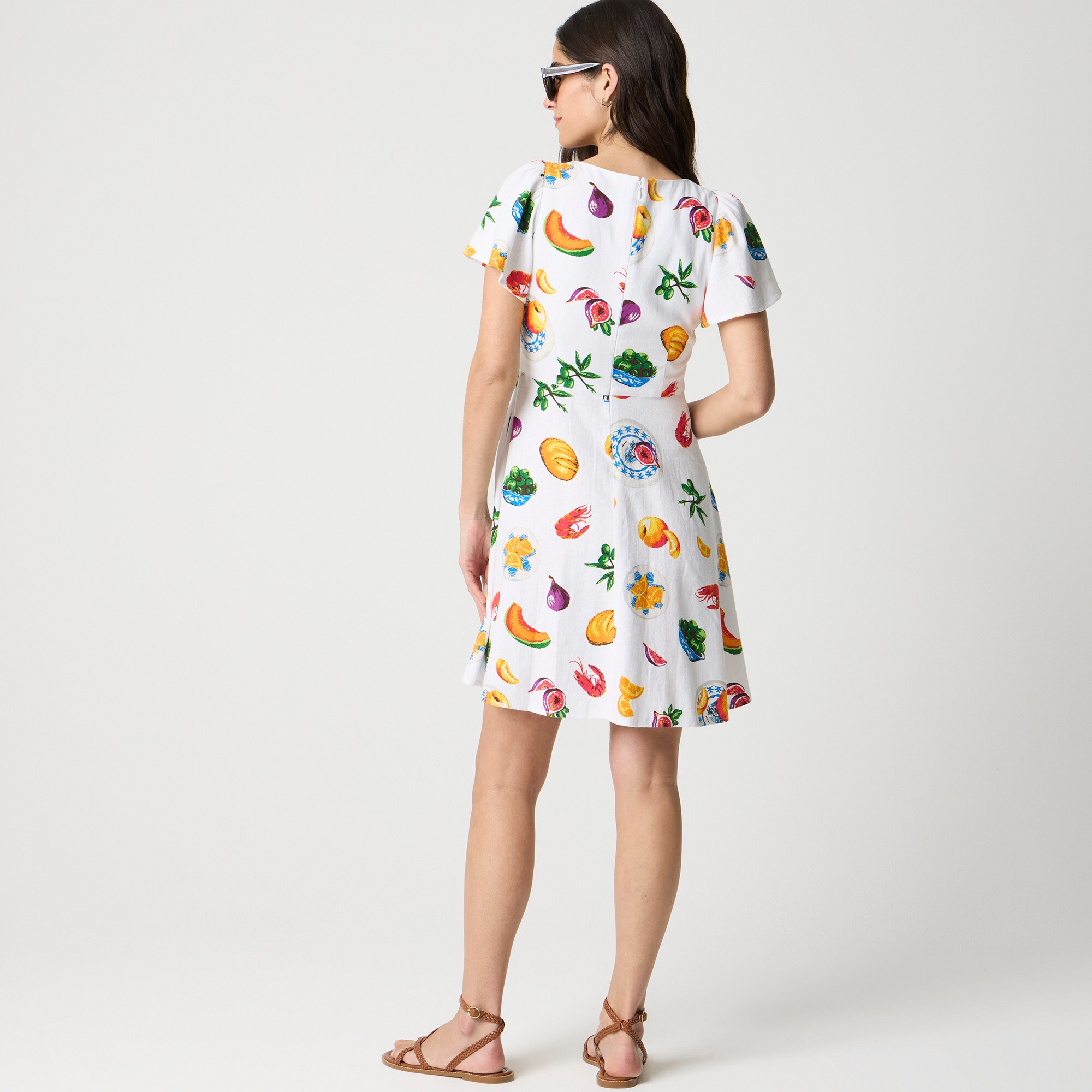 Printed linen-blend flutter-sleeve mini dress