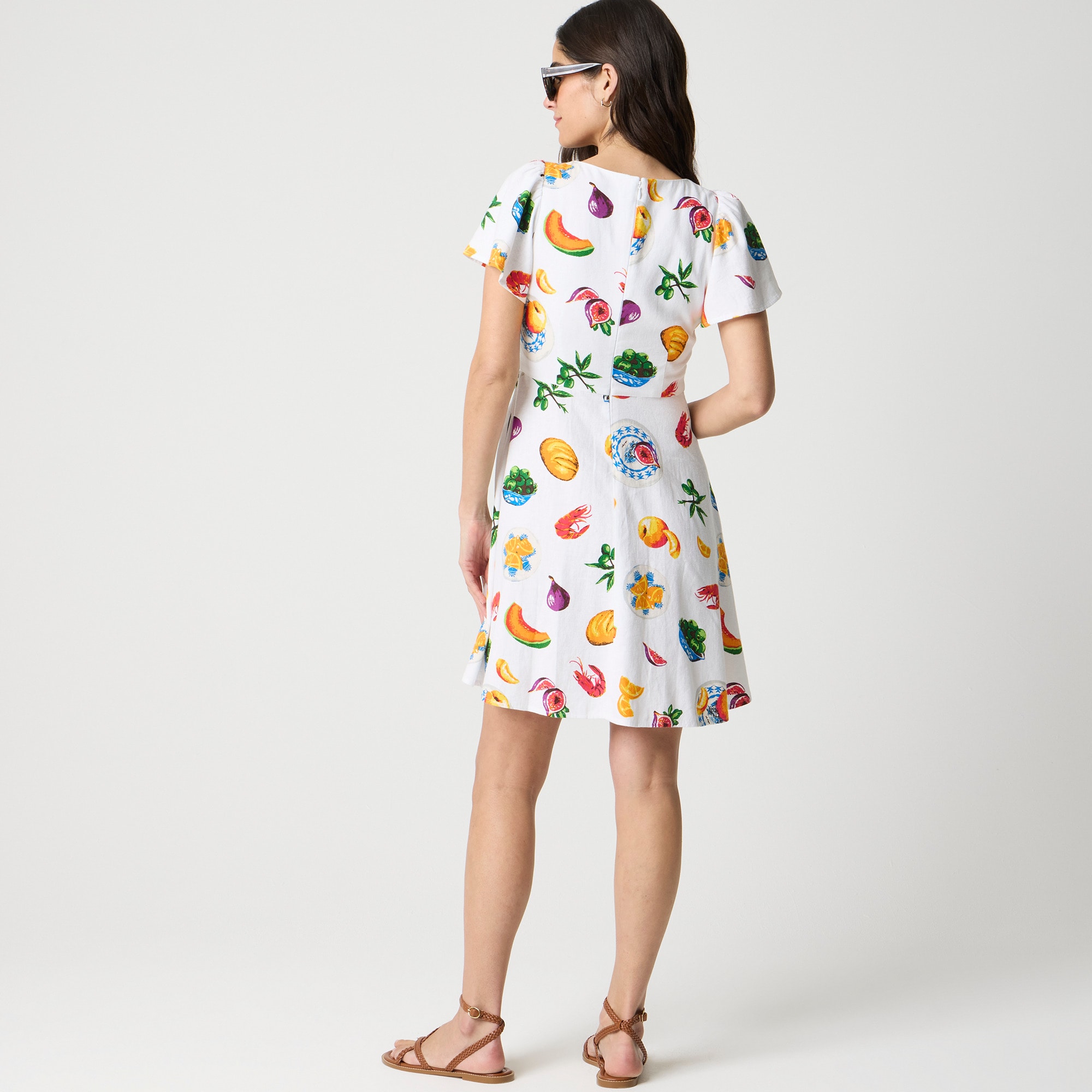 Printed linen-blend flutter-sleeve mini dress