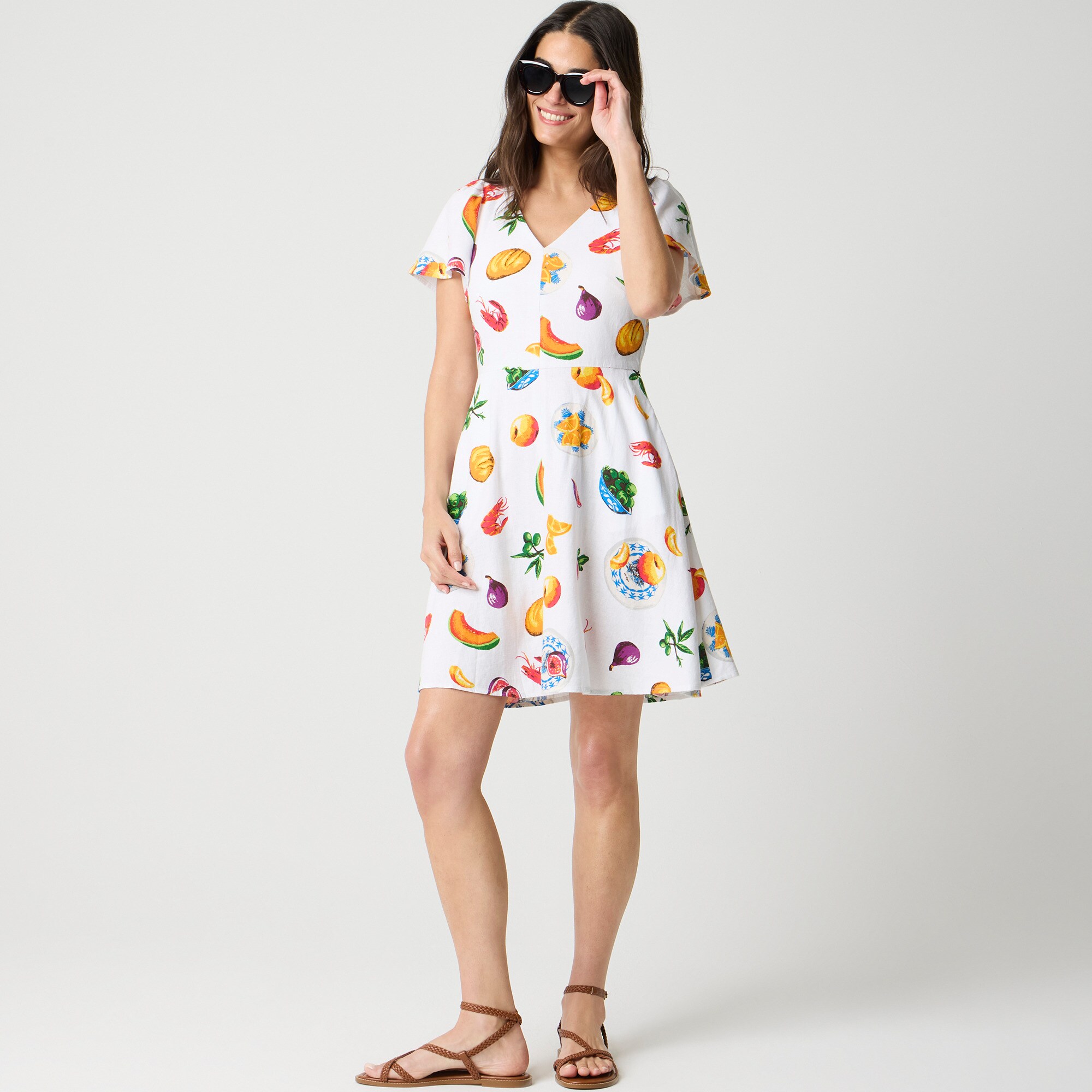 factory: printed linen-blend flutter-sleeve mini dress for women