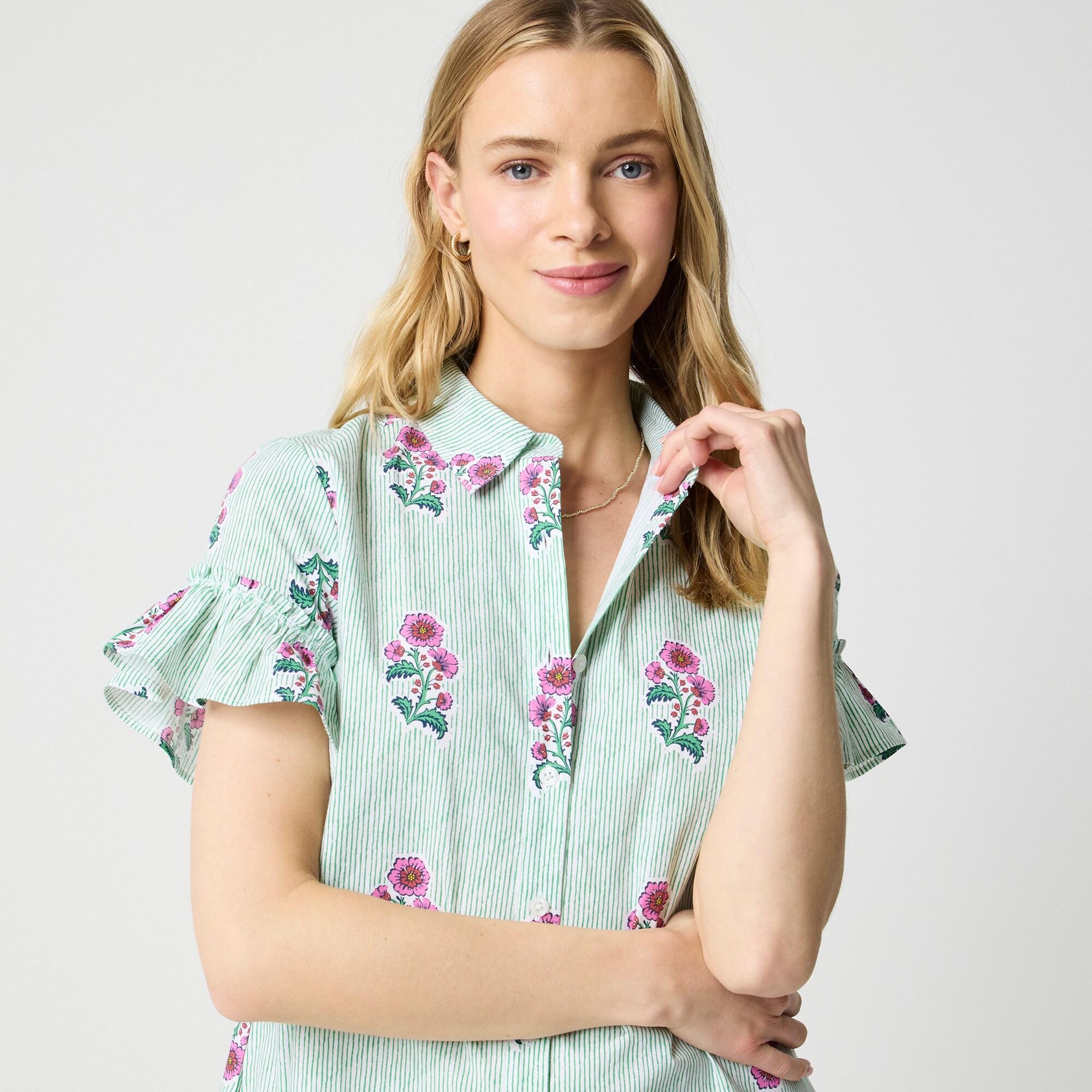 Printed ruffle-sleeve mini shirtdress