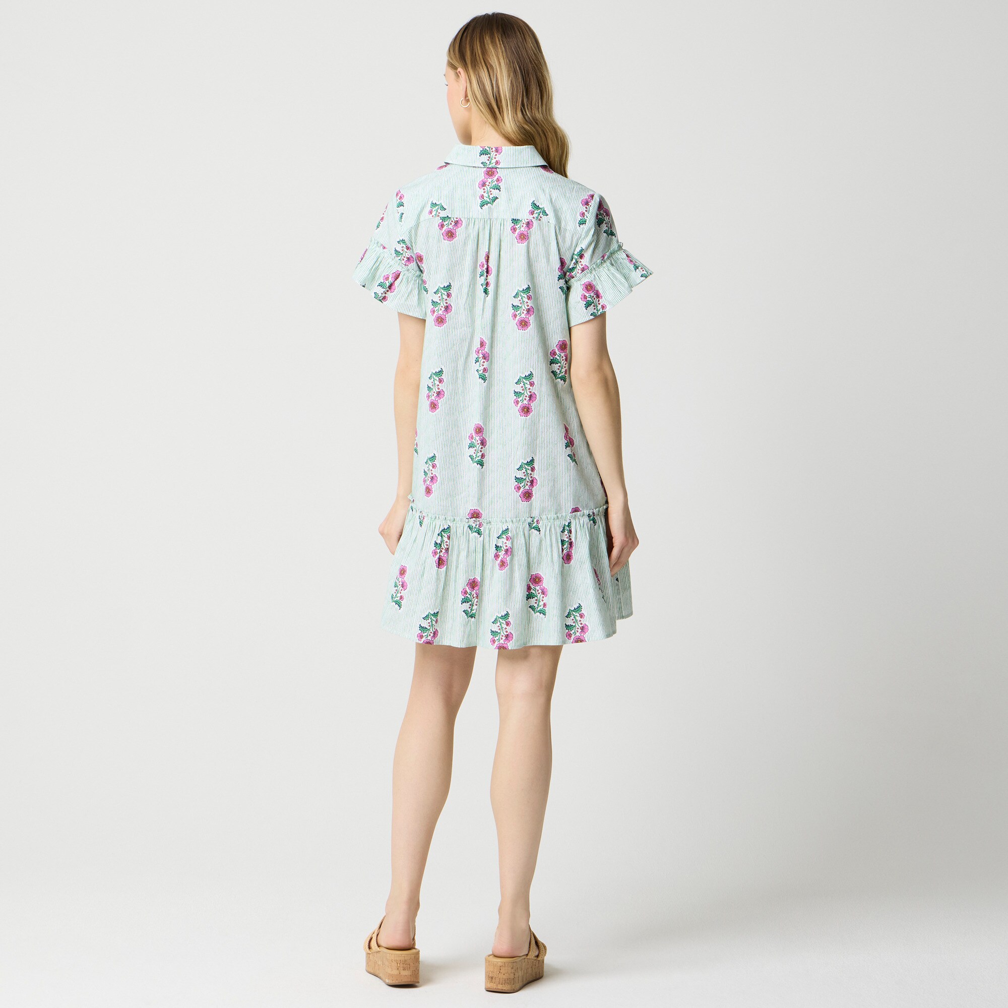 Printed ruffle-sleeve mini shirtdress