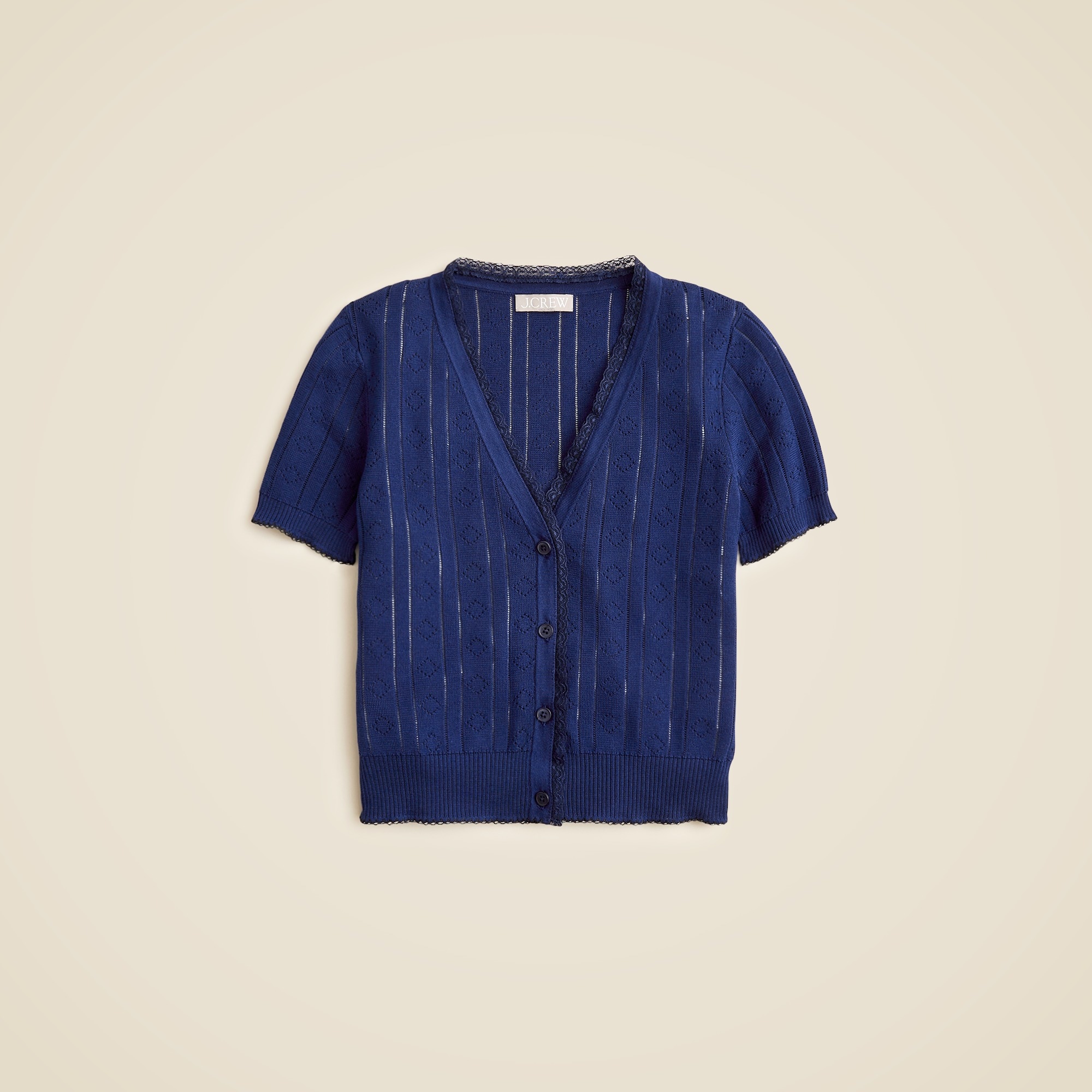womens Pointelle short-sleeve V-neck cardigan in premium ultra-fine cotton