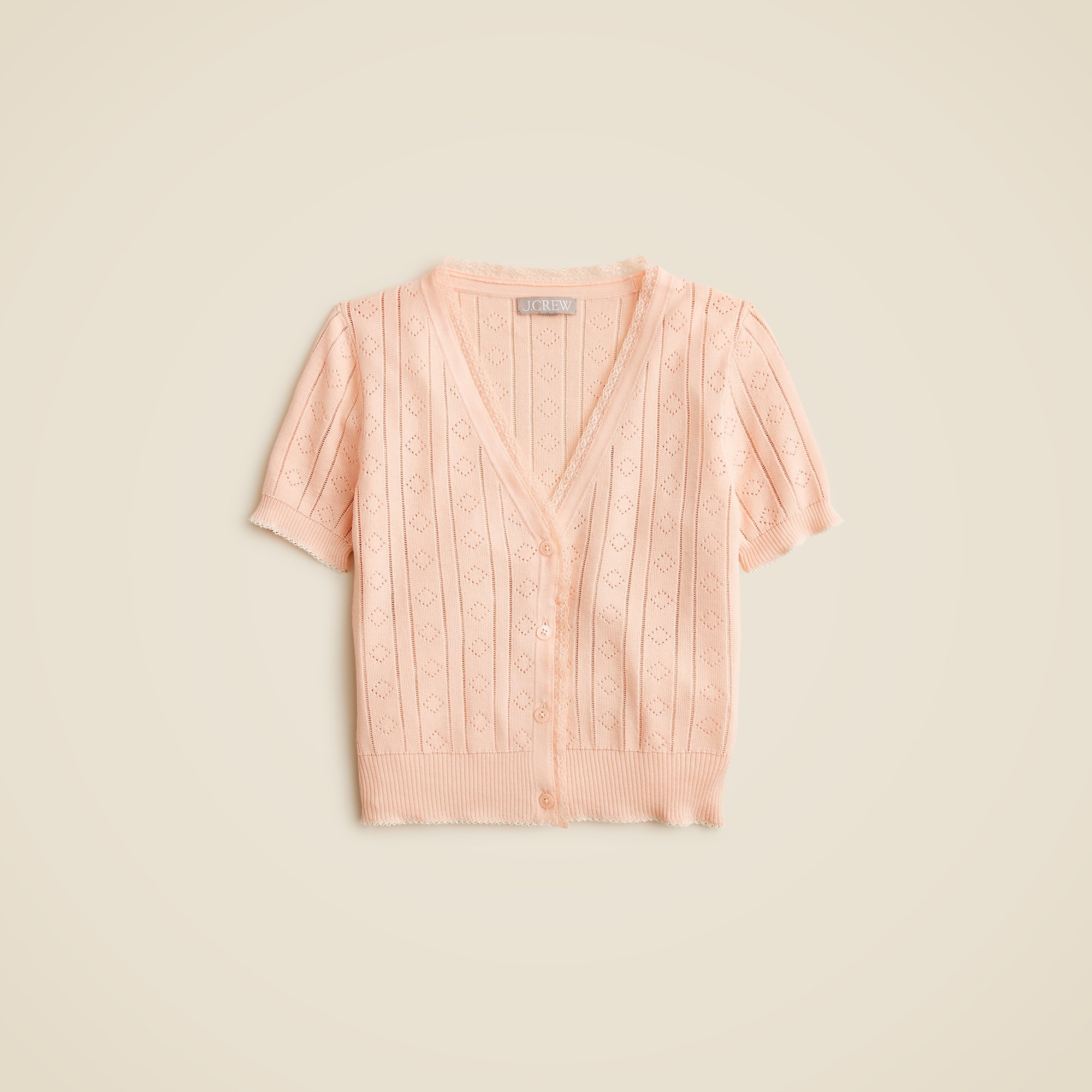 womens Pointelle short-sleeve V-neck cardigan in premium ultra-fine cotton