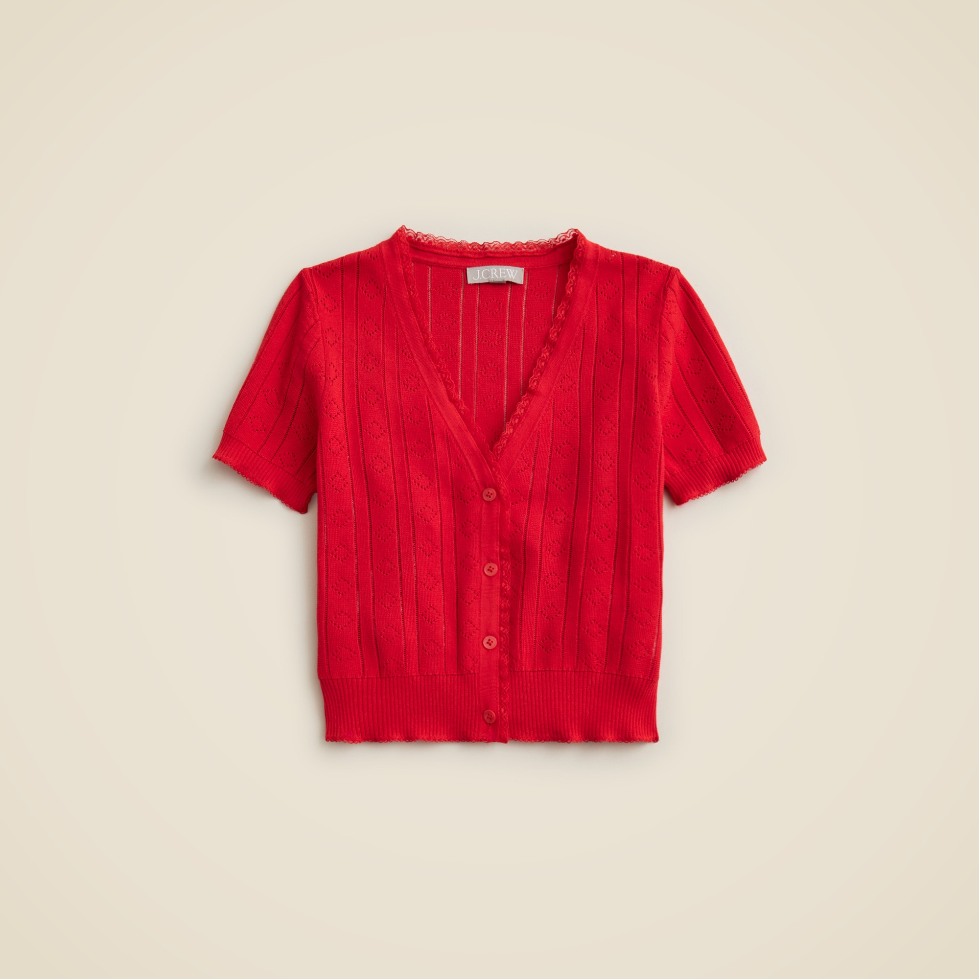 womens Pointelle short-sleeve V-neck cardigan in premium ultra-fine cotton