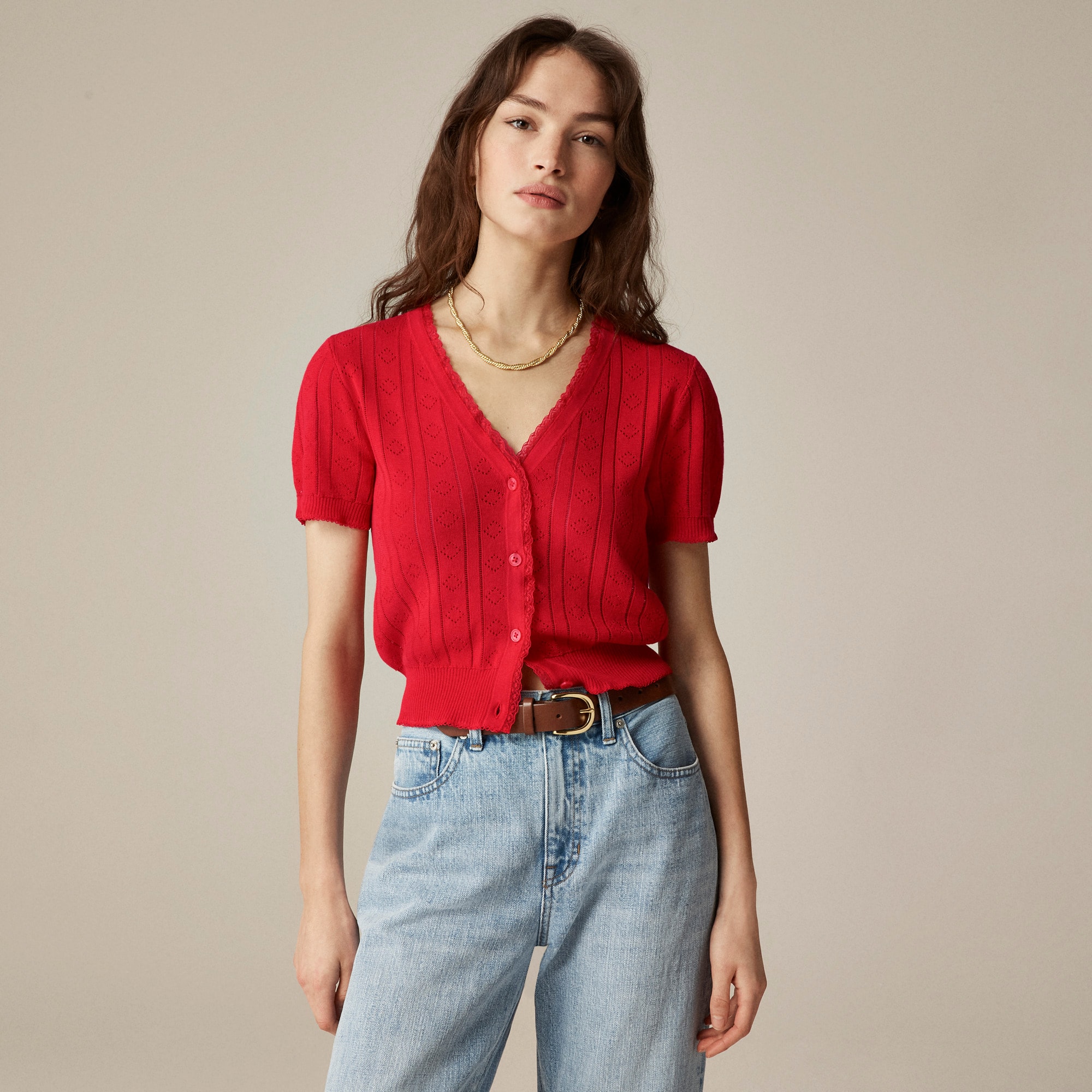 Pointelle short-sleeve V-neck cardigan in premium ultra-fine cotton
