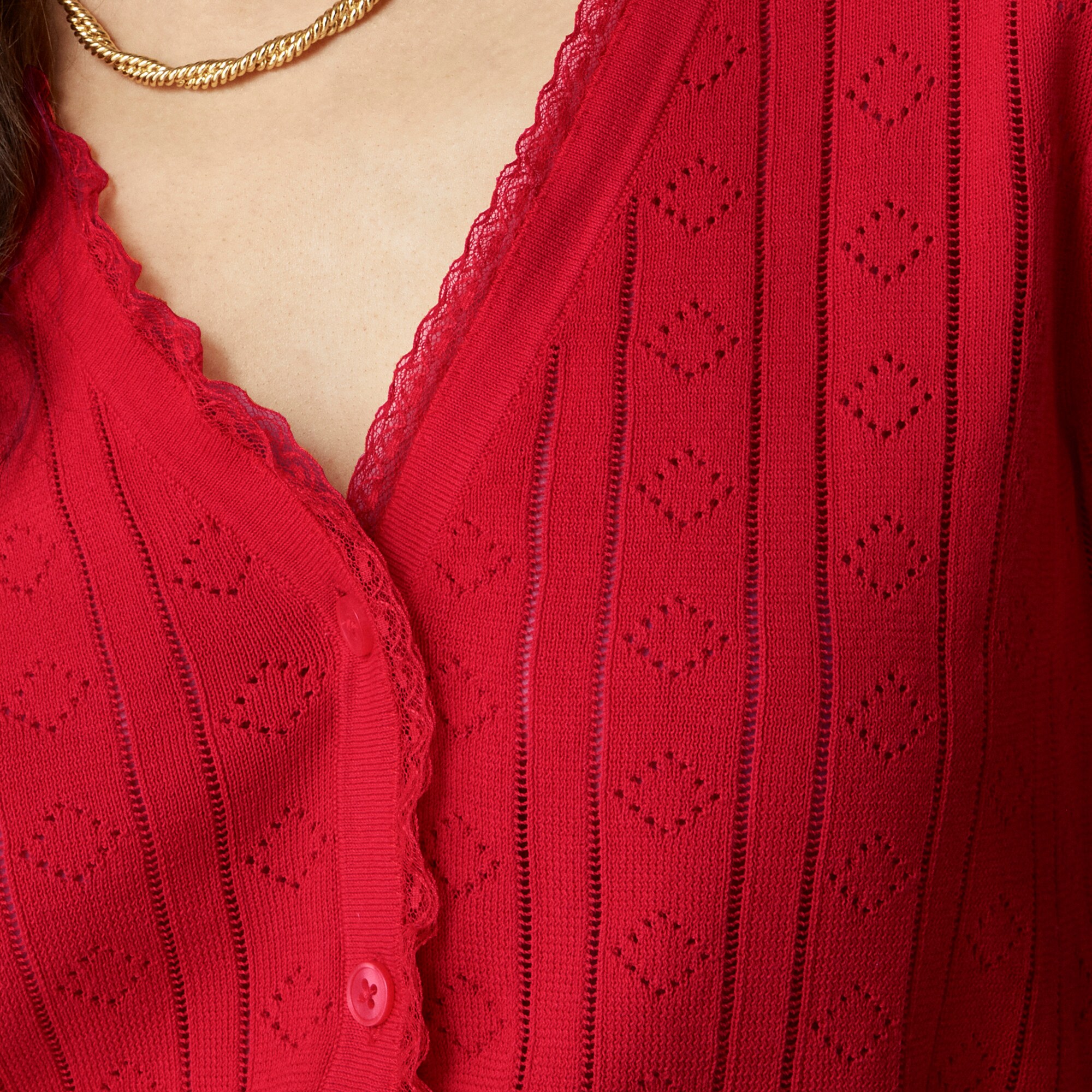 Pointelle short-sleeve V-neck cardigan in premium ultra-fine cotton