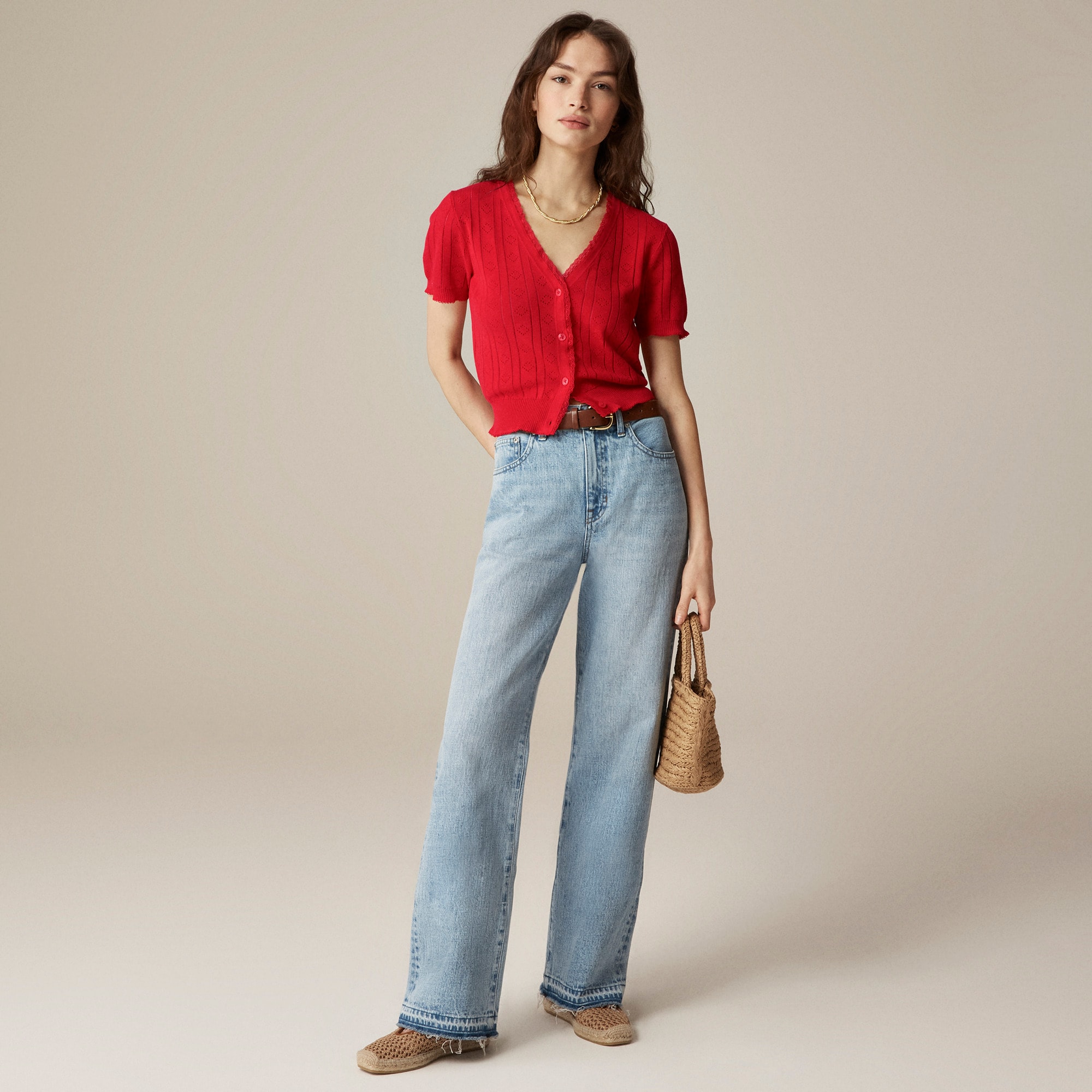  Pointelle short-sleeve V-neck cardigan in premium ultra-fine cotton