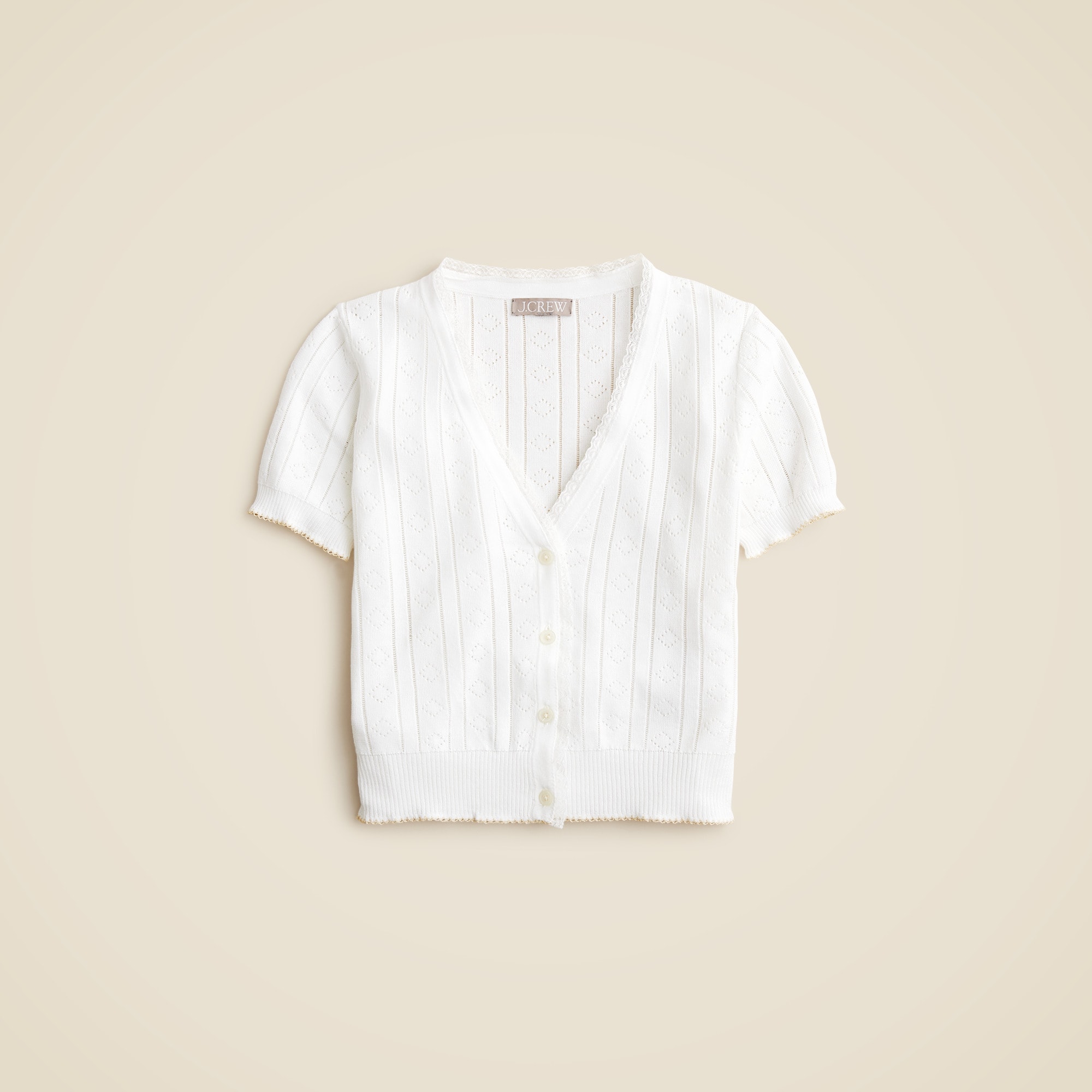 Pointelle short-sleeve V-neck cardigan in premium ultra-fine cotton