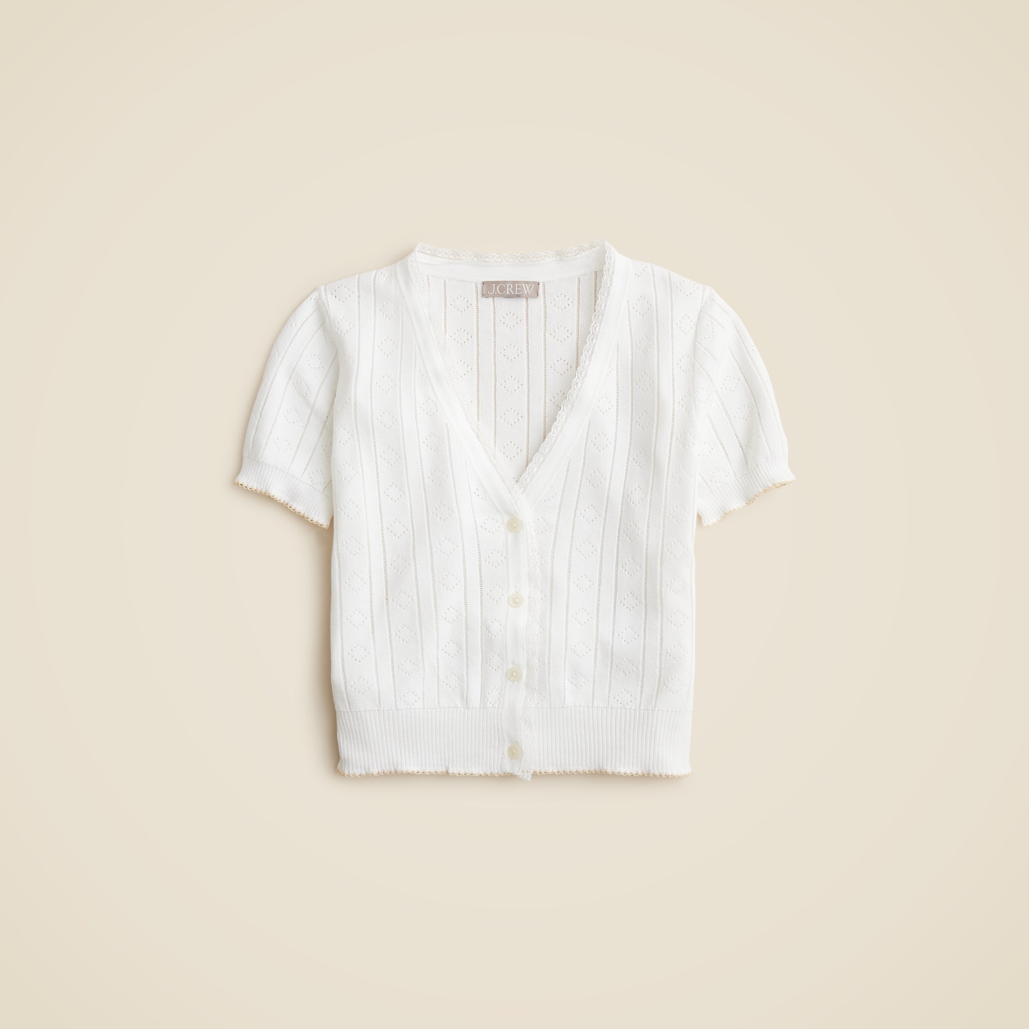 Pointelle short-sleeve V-neck cardigan in premium ultra-fine cotton