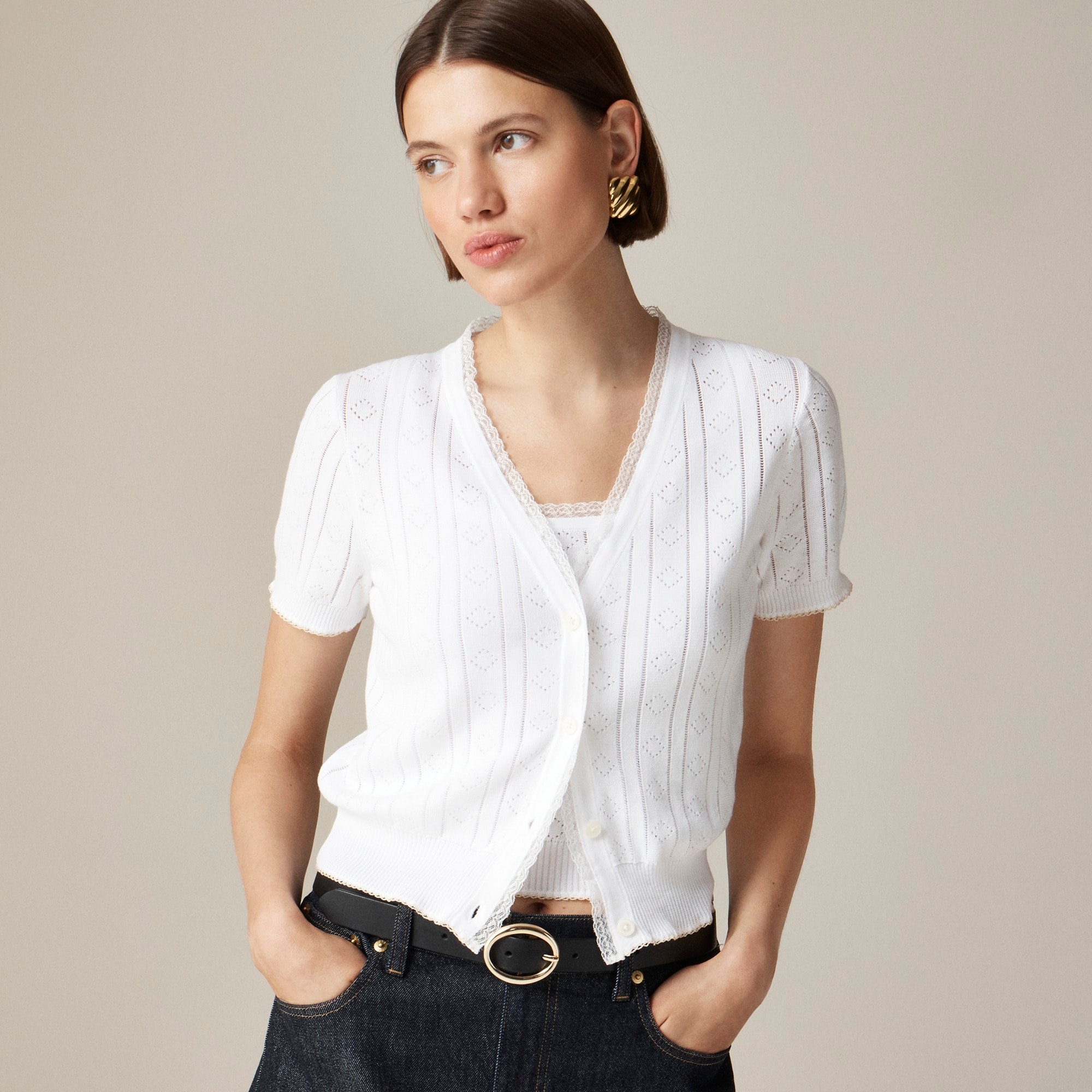 Pointelle short-sleeve V-neck cardigan in premium ultra-fine cotton