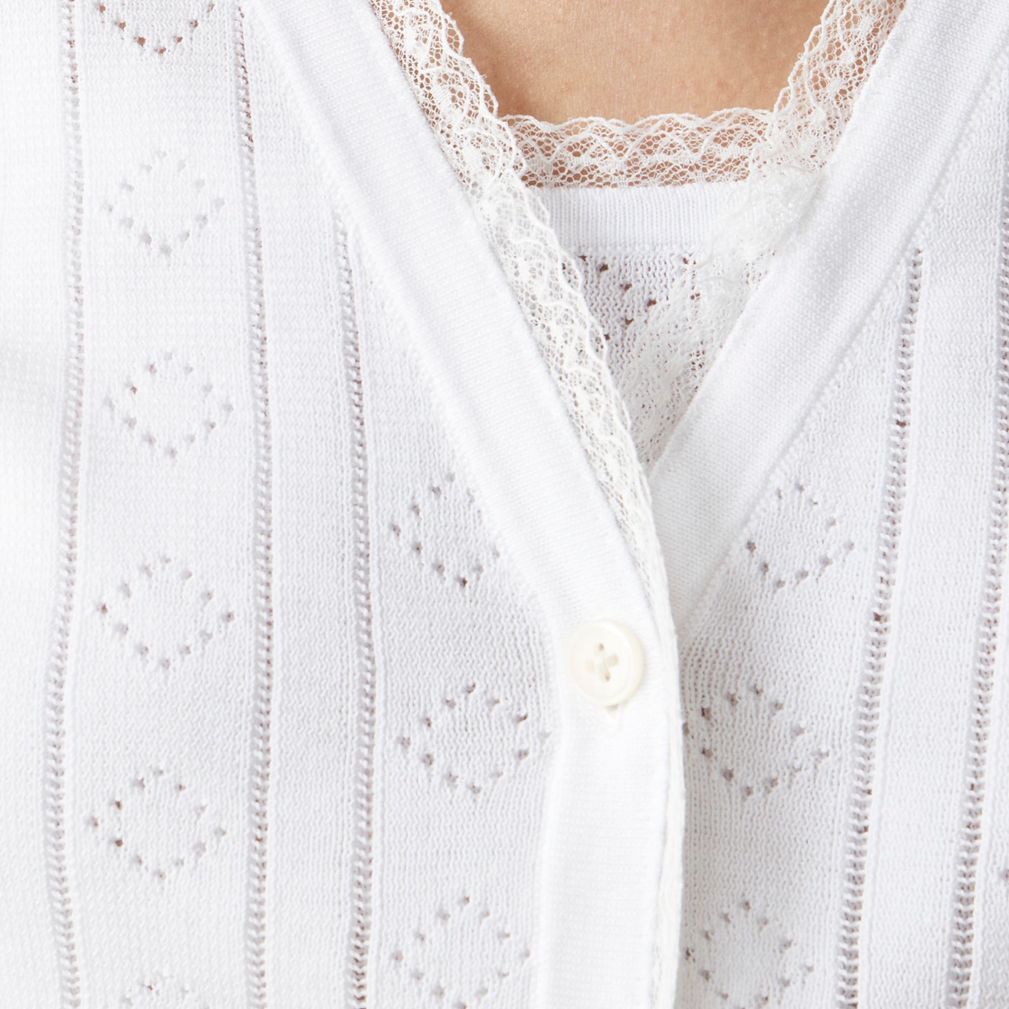 Pointelle short-sleeve V-neck cardigan in premium ultra-fine cotton