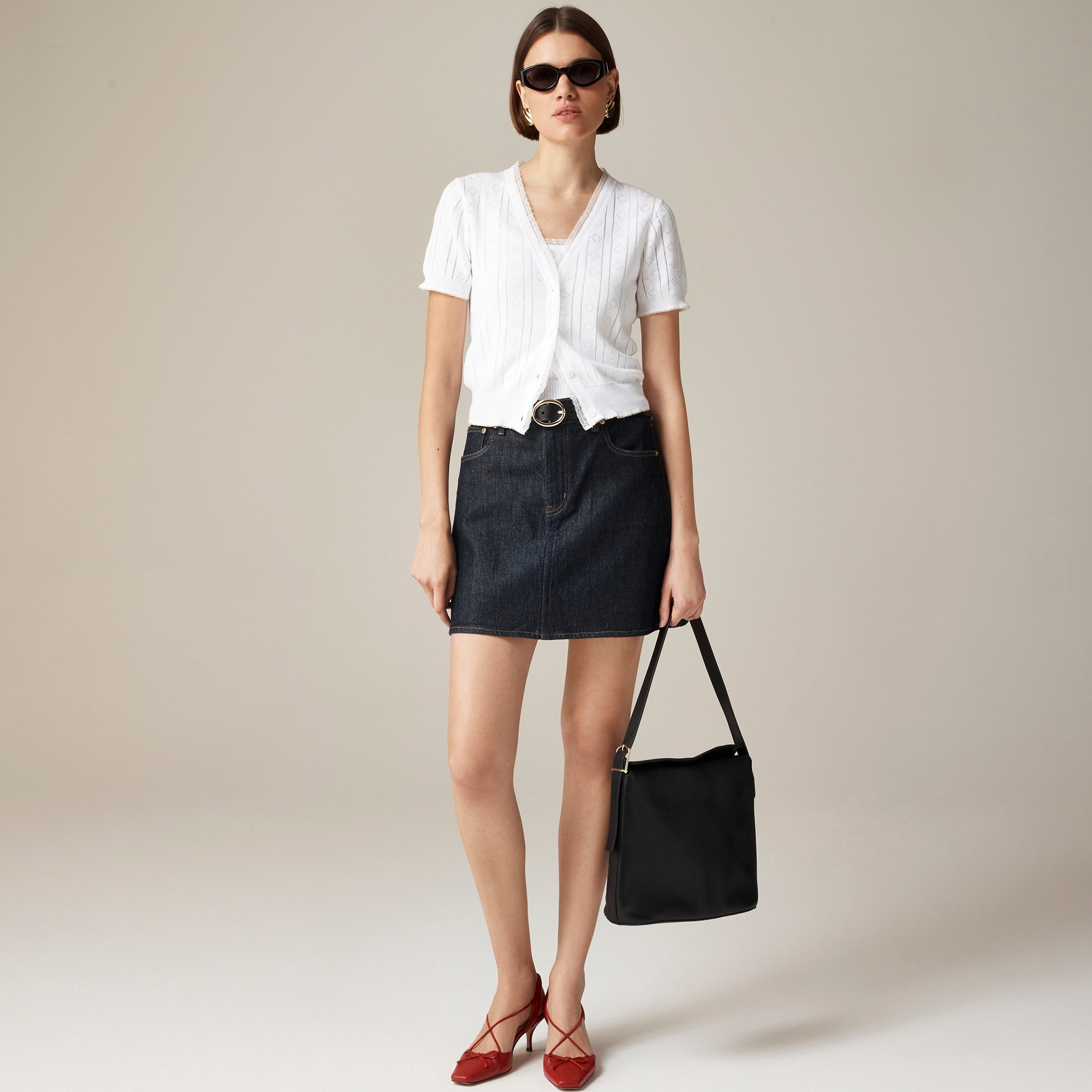 Pointelle short-sleeve V-neck cardigan in premium ultra-fine cotton