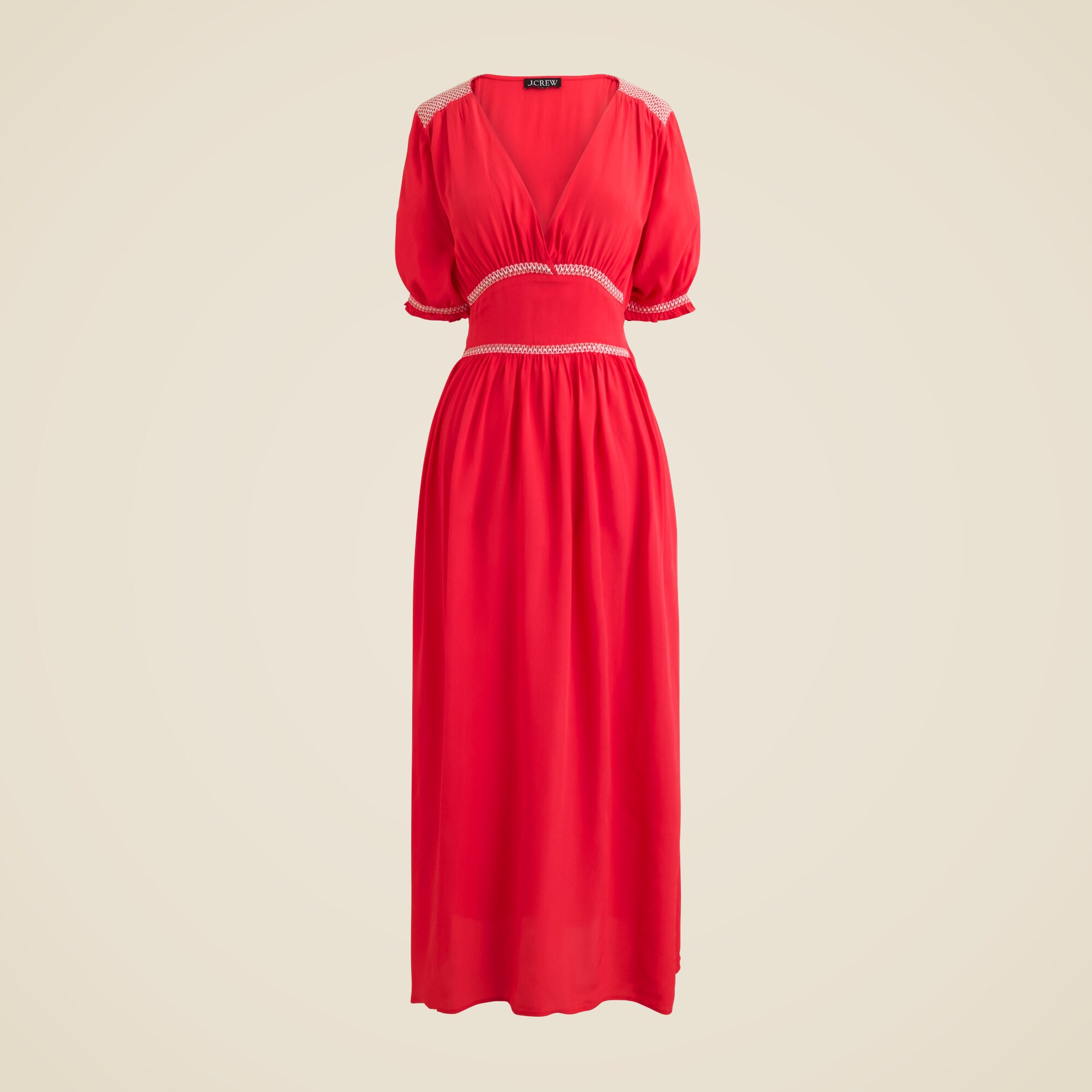 Smocked-trim midi dress in crepe de chine