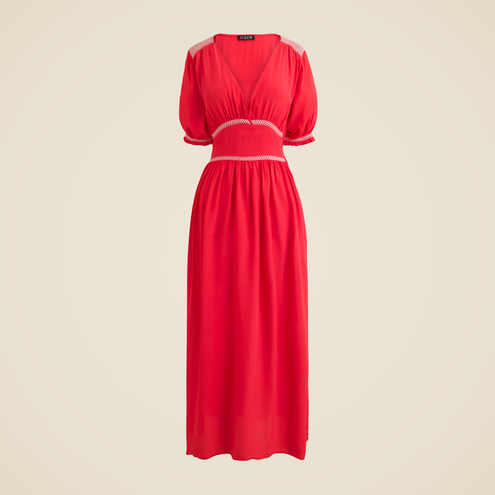 Petite smocked-trim maxi dress in crepe de chine