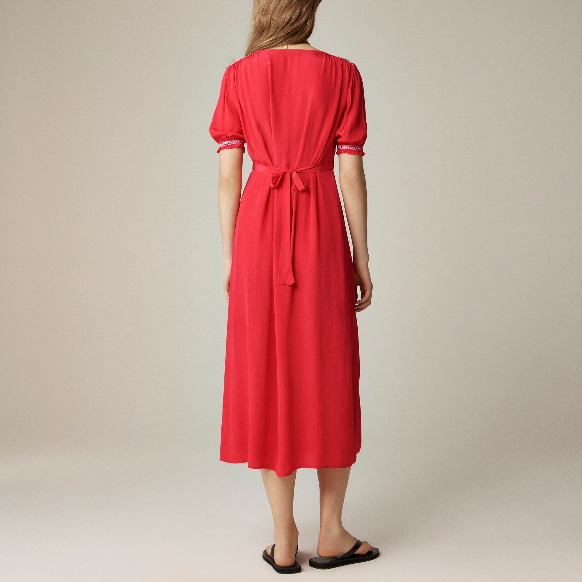 Petite smocked-trim maxi dress in crepe de chine