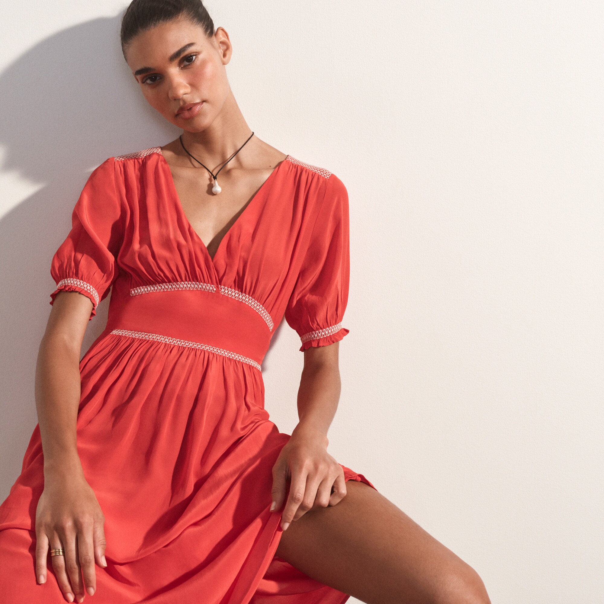 Petite smocked-trim maxi dress in crepe de chine