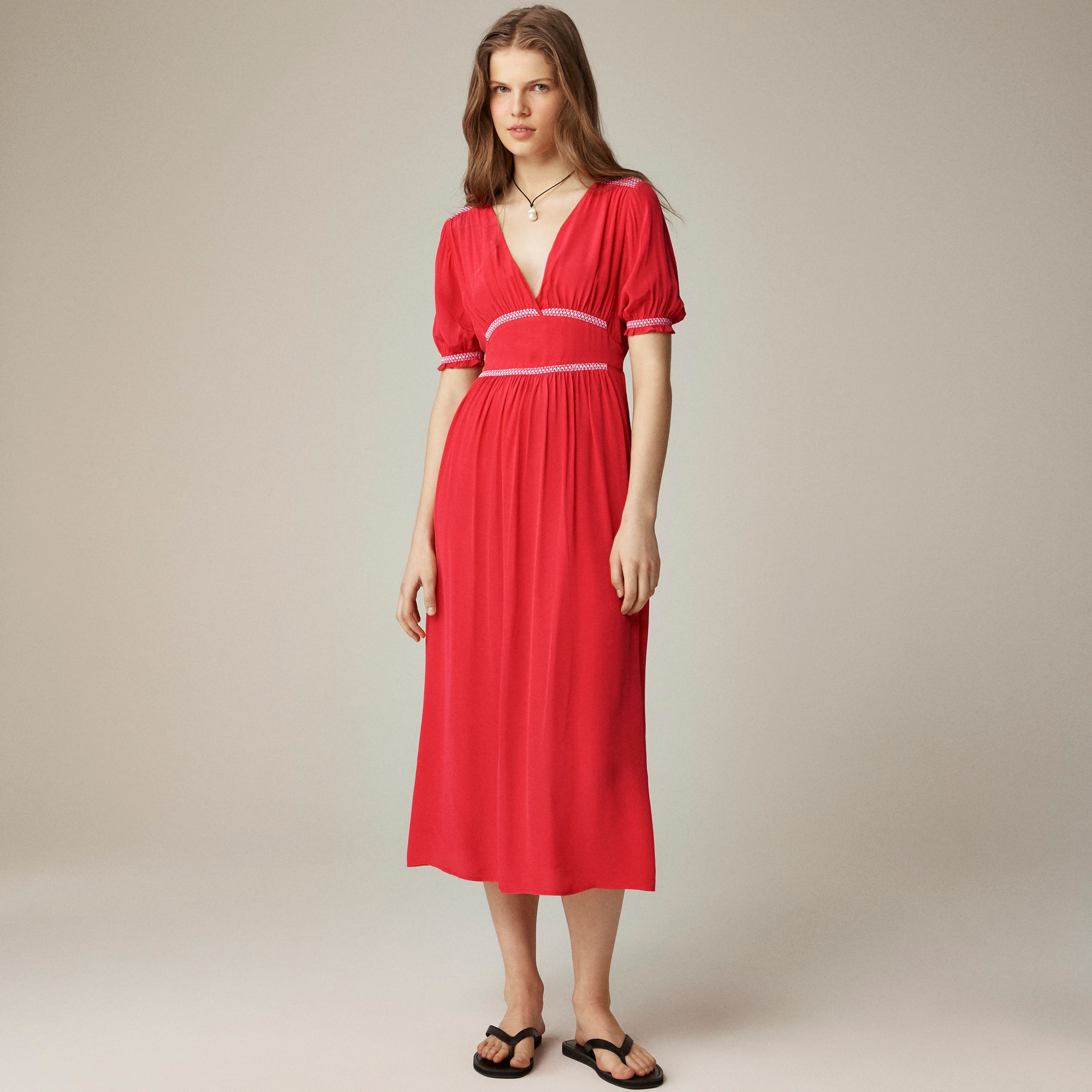 Smocked-trim midi dress in crepe de chine