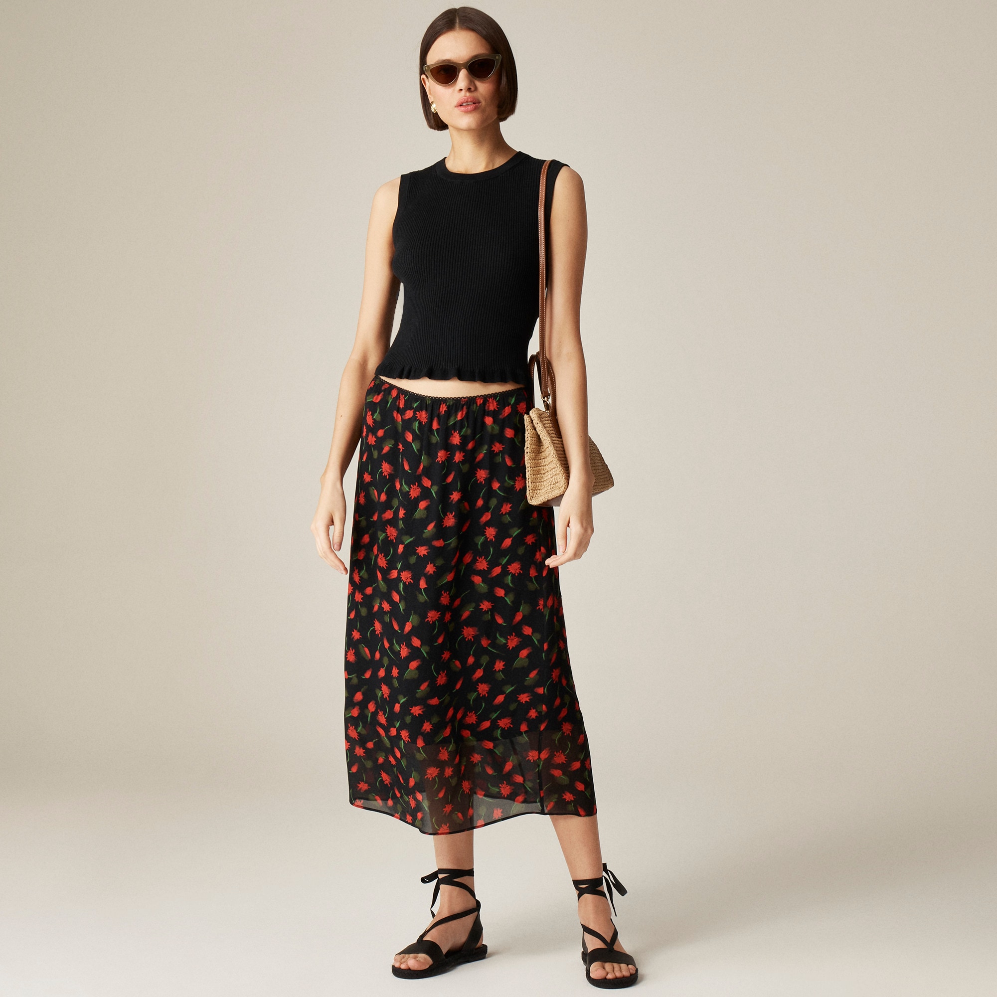 womens Chiffon slip skirt in painted daisy print