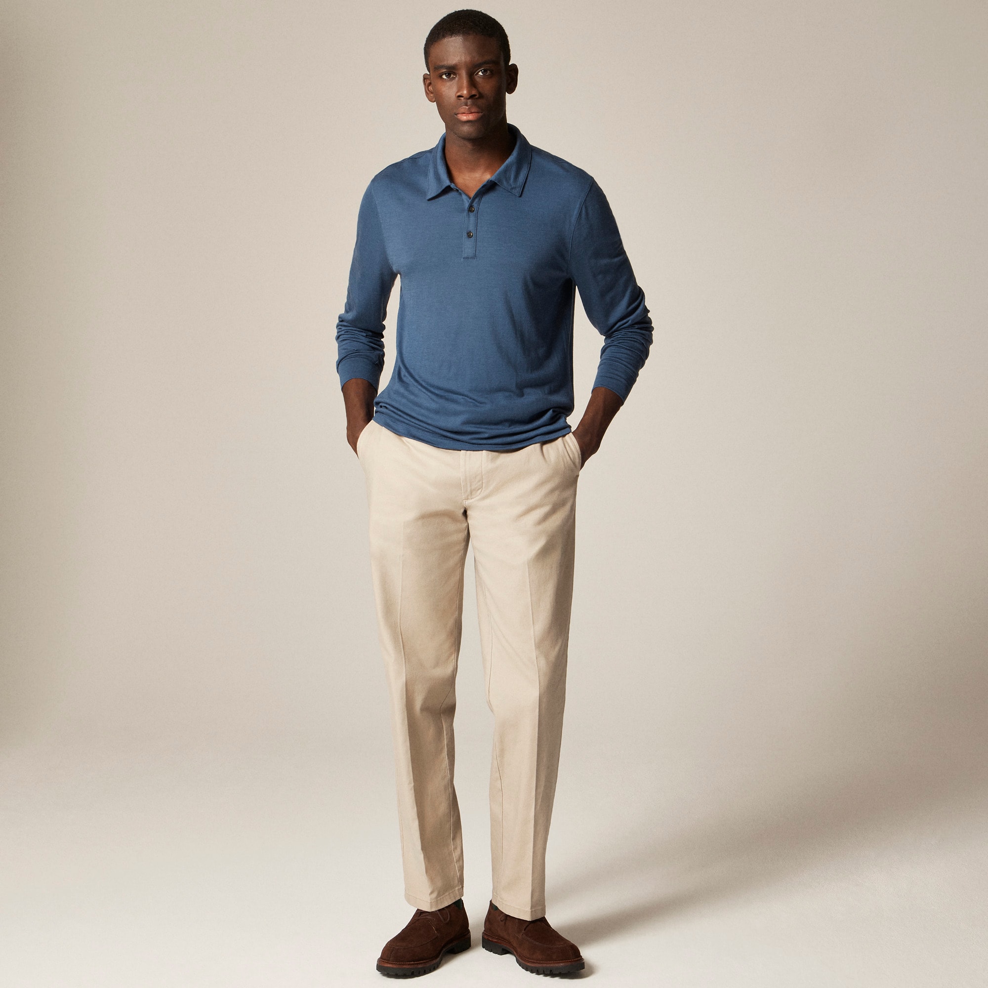 Long-sleeve merino wool polo shirt