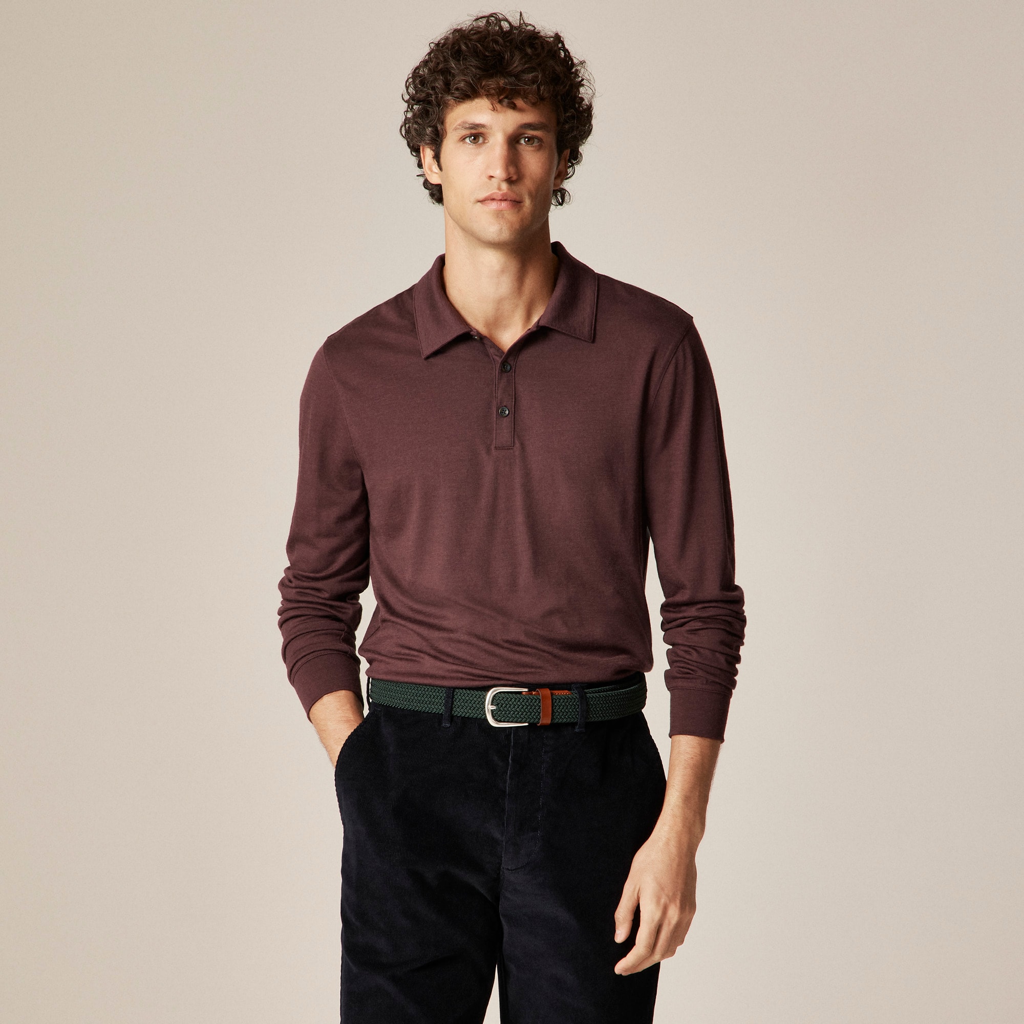 Long-sleeve merino wool polo shirt