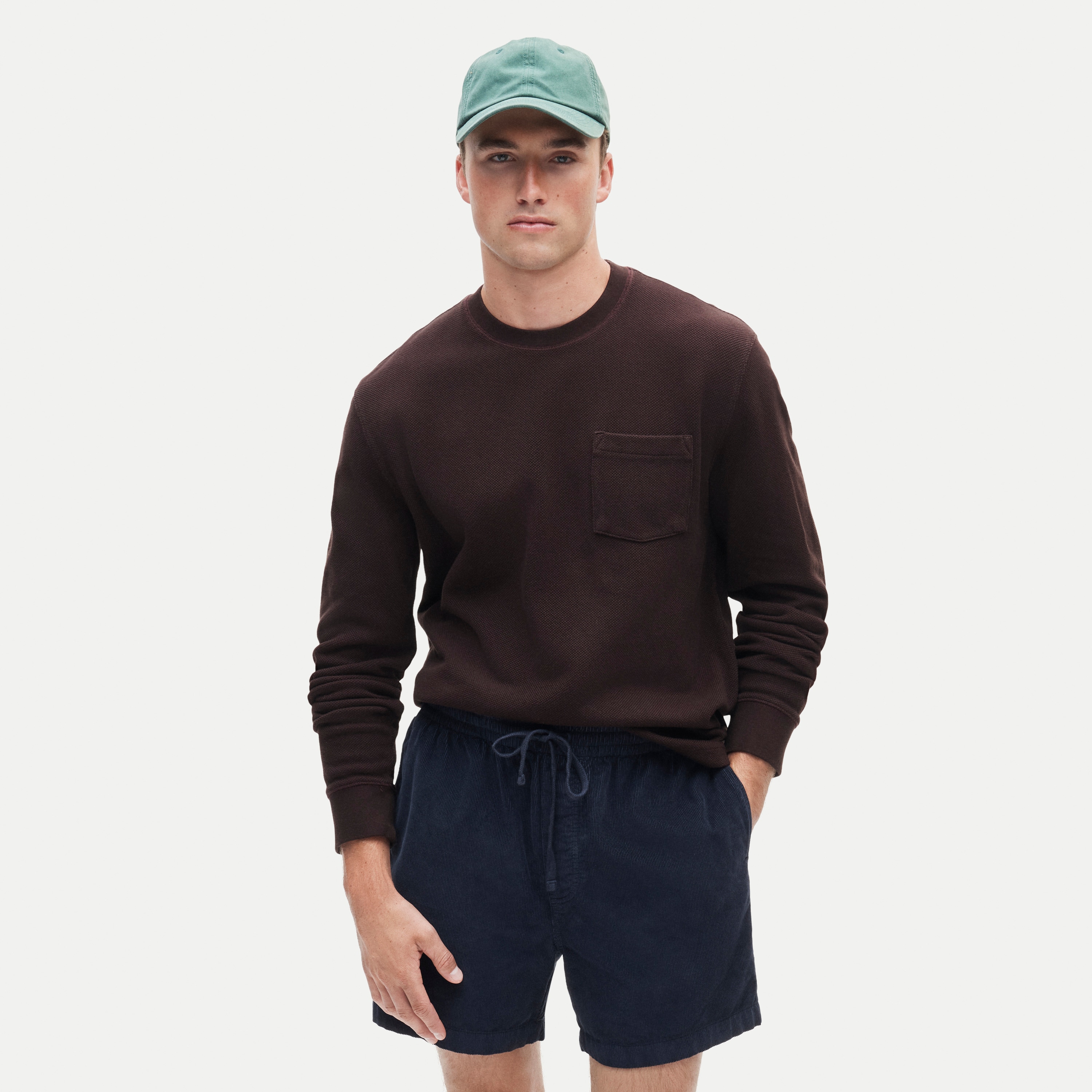 Long-sleeve macropiqué cotton T-shirt