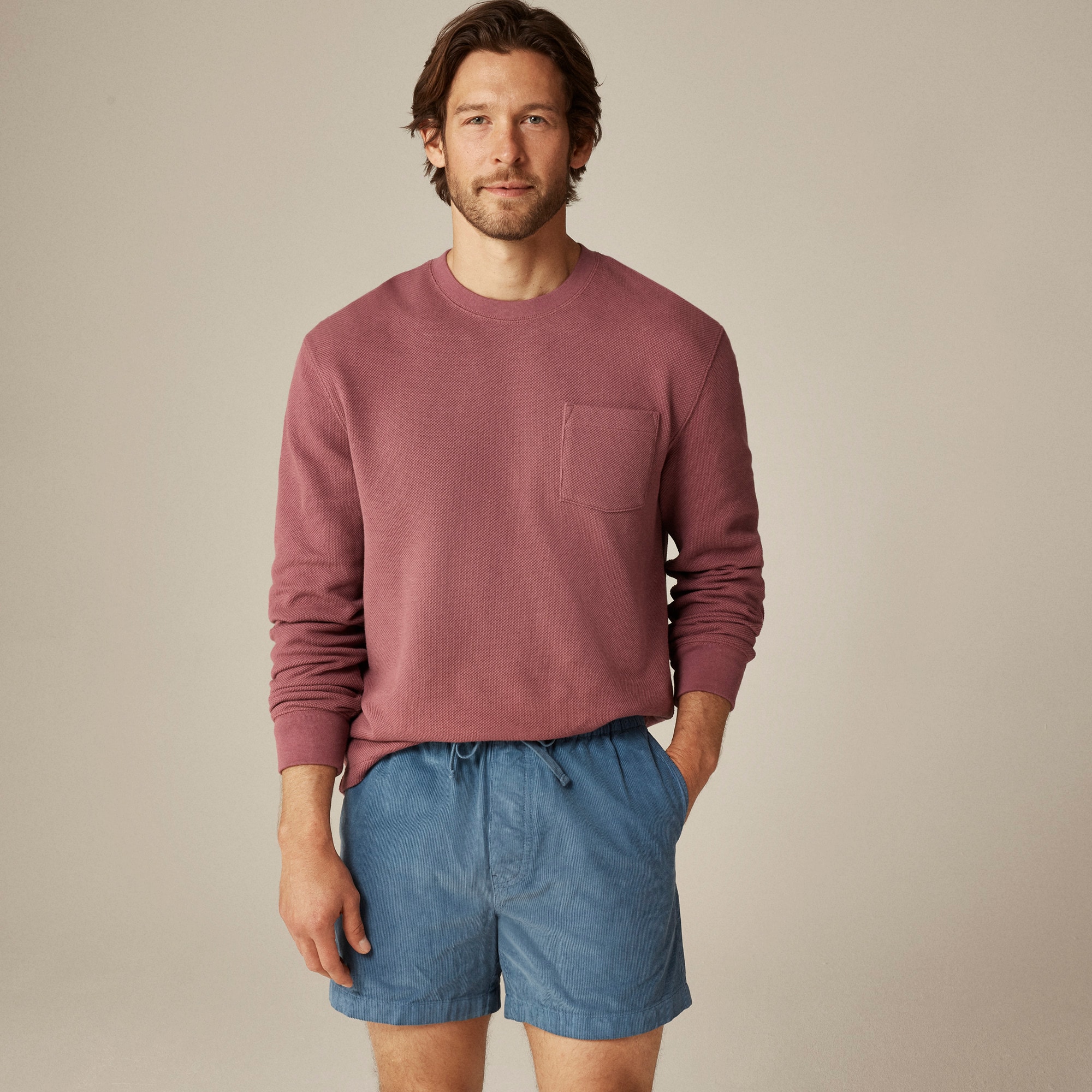 Long-sleeve macropiqué cotton T-shirt