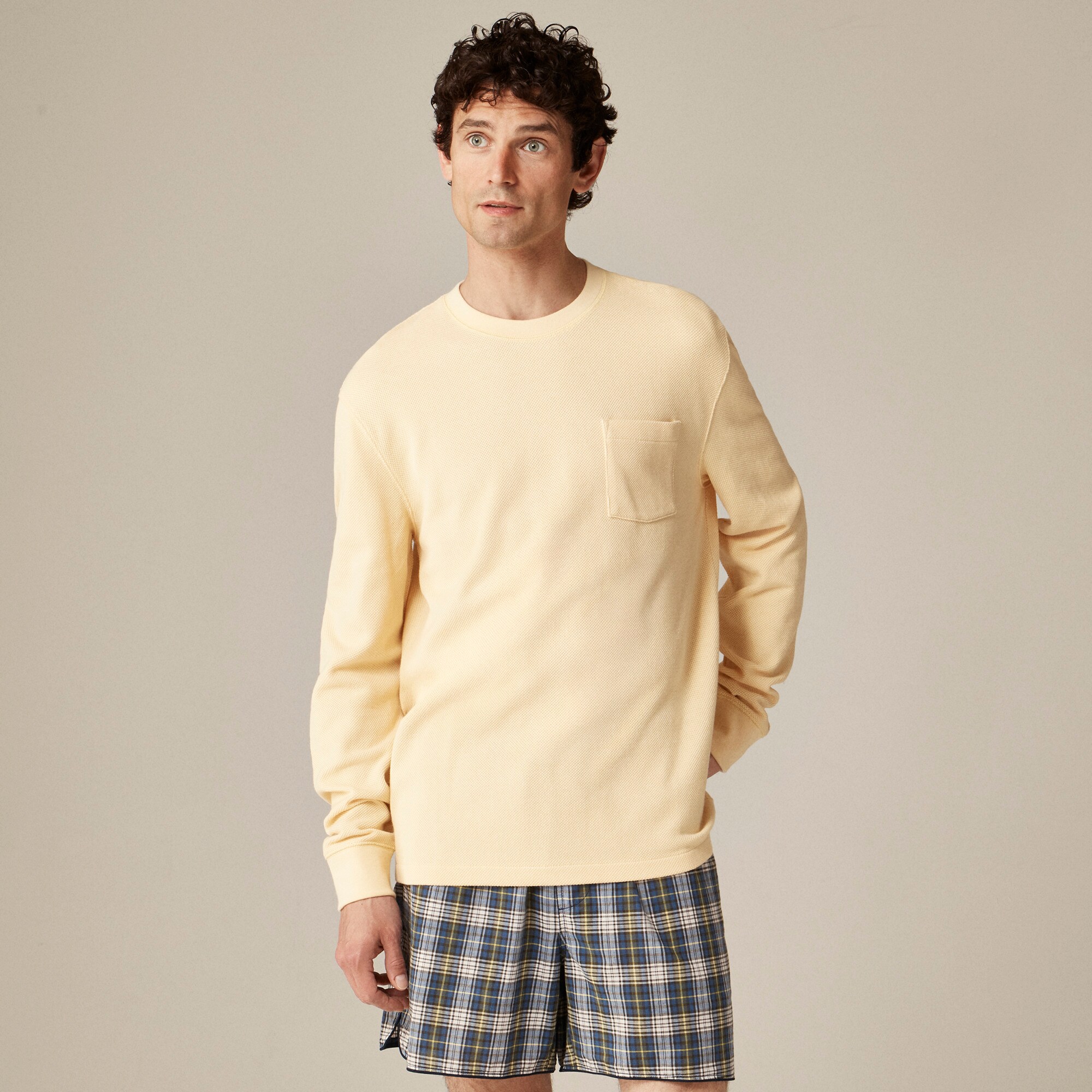 Long-sleeve macropiqué cotton T-shirt