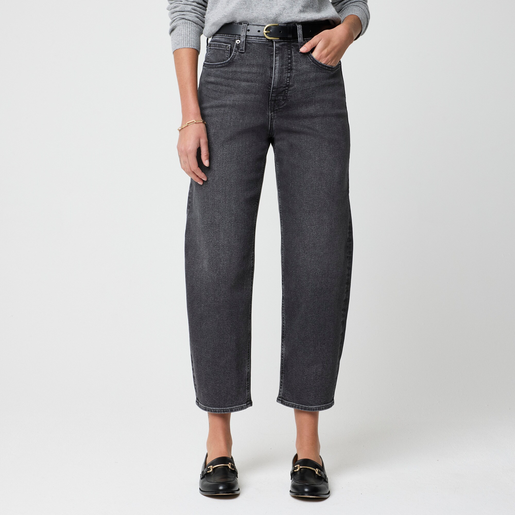 Petite washed black barrel-leg jean in all-day stretch