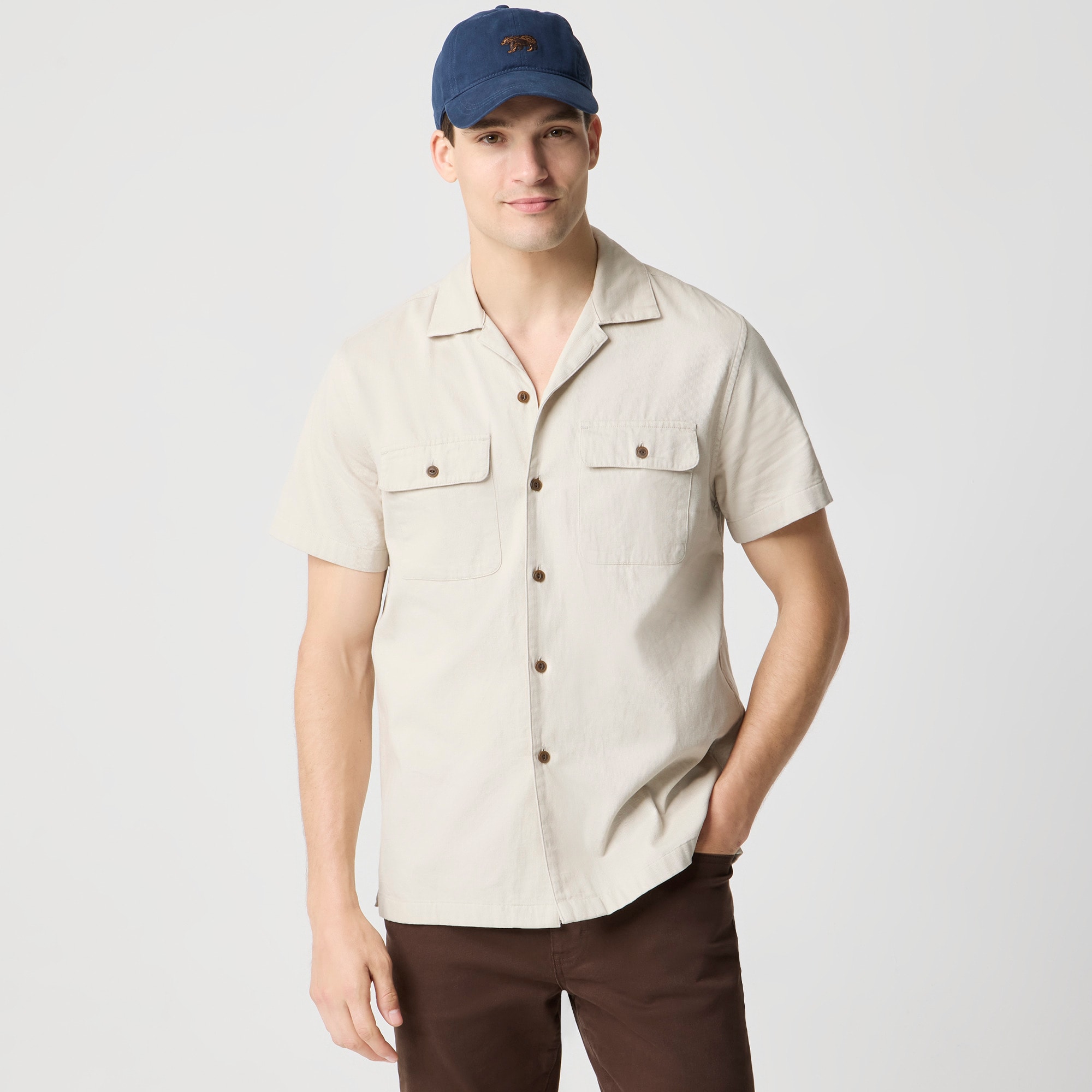  Short-sleeve textured corduroy camp shirt