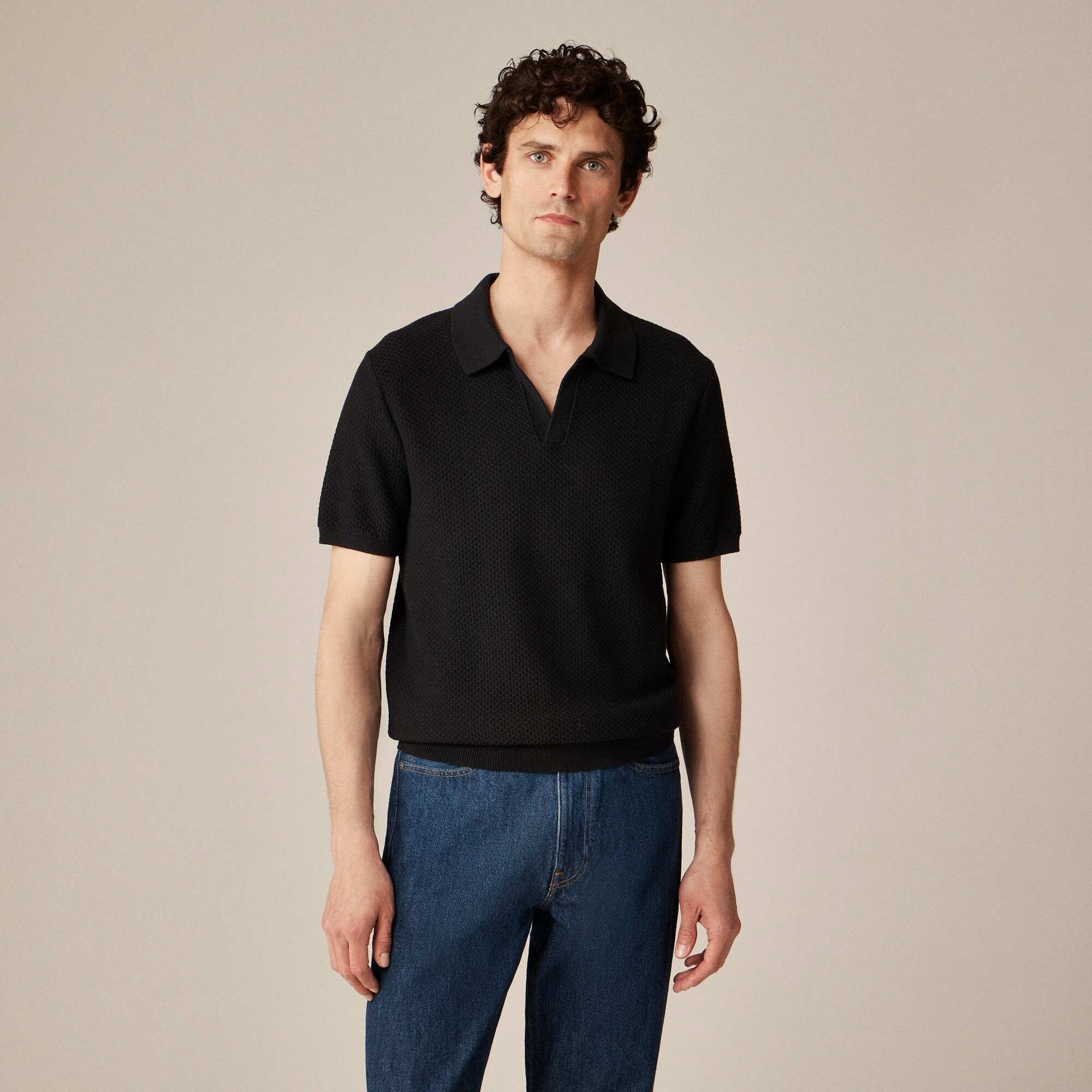  Short-sleeve textured-stitch cotton johnny-collar sweater-polo