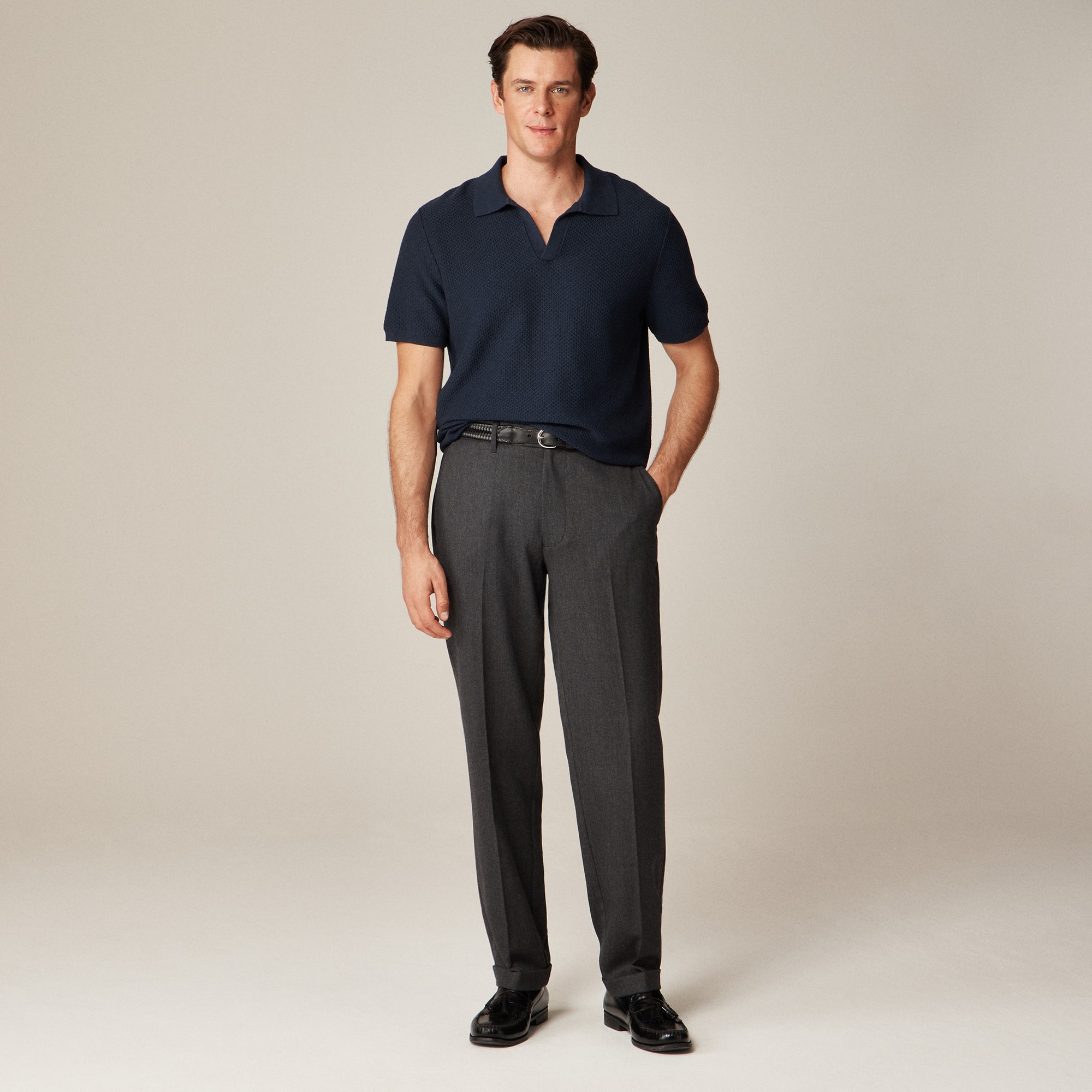 Short-sleeve textured-stitch cotton johnny-collar sweater-polo