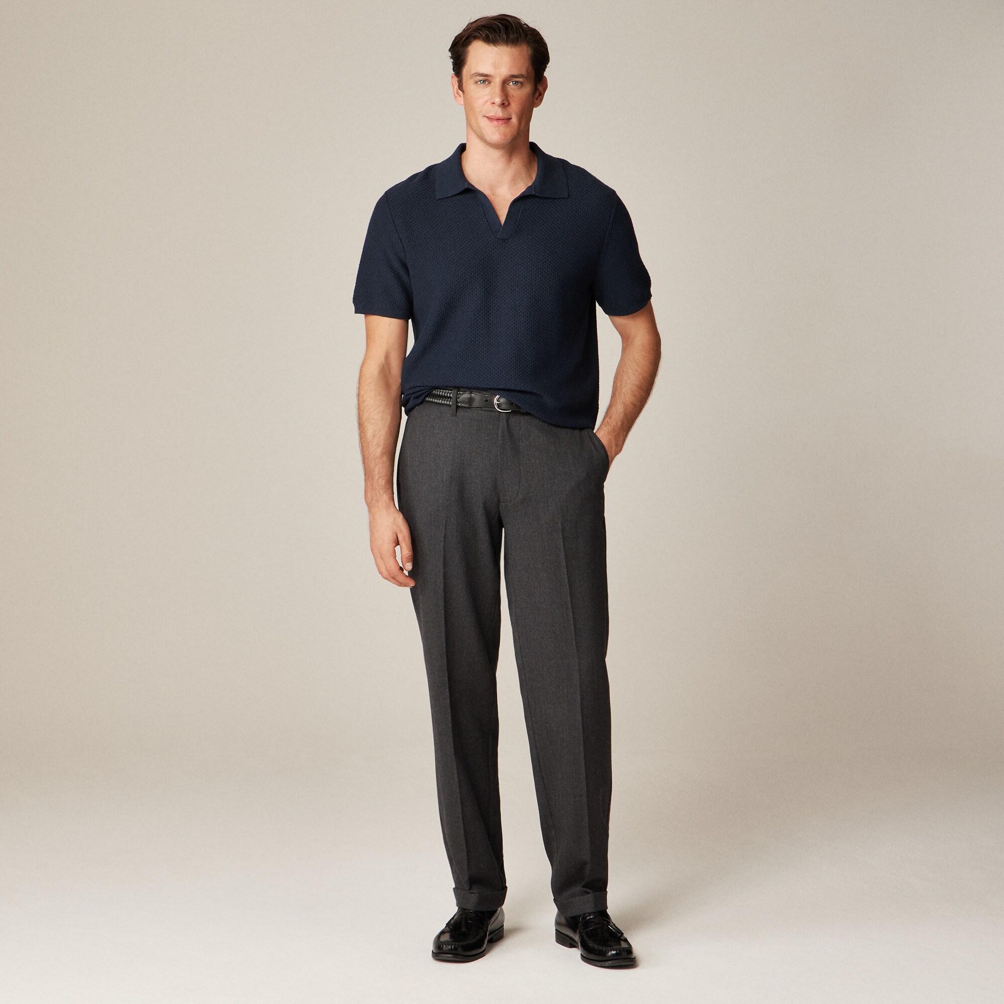 Short-sleeve textured-stitch cotton johnny-collar sweater-polo